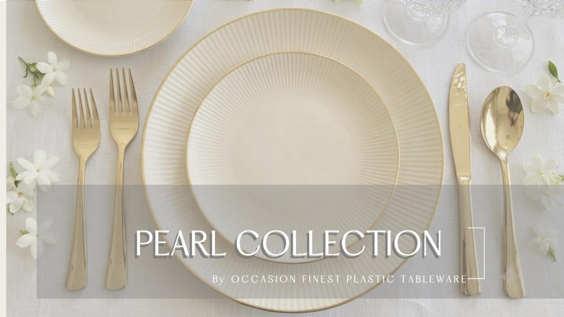 thumbnail video image 2 of " OCCASIONS " 120 Plates Pack,(60 Guests) Premium Wedding Party Disposable Plastic Plates Set -60 x 10'' Dinner + 60 x 7'' Salad / Dessert (Pearl Ivory & Gold), 2 of 9