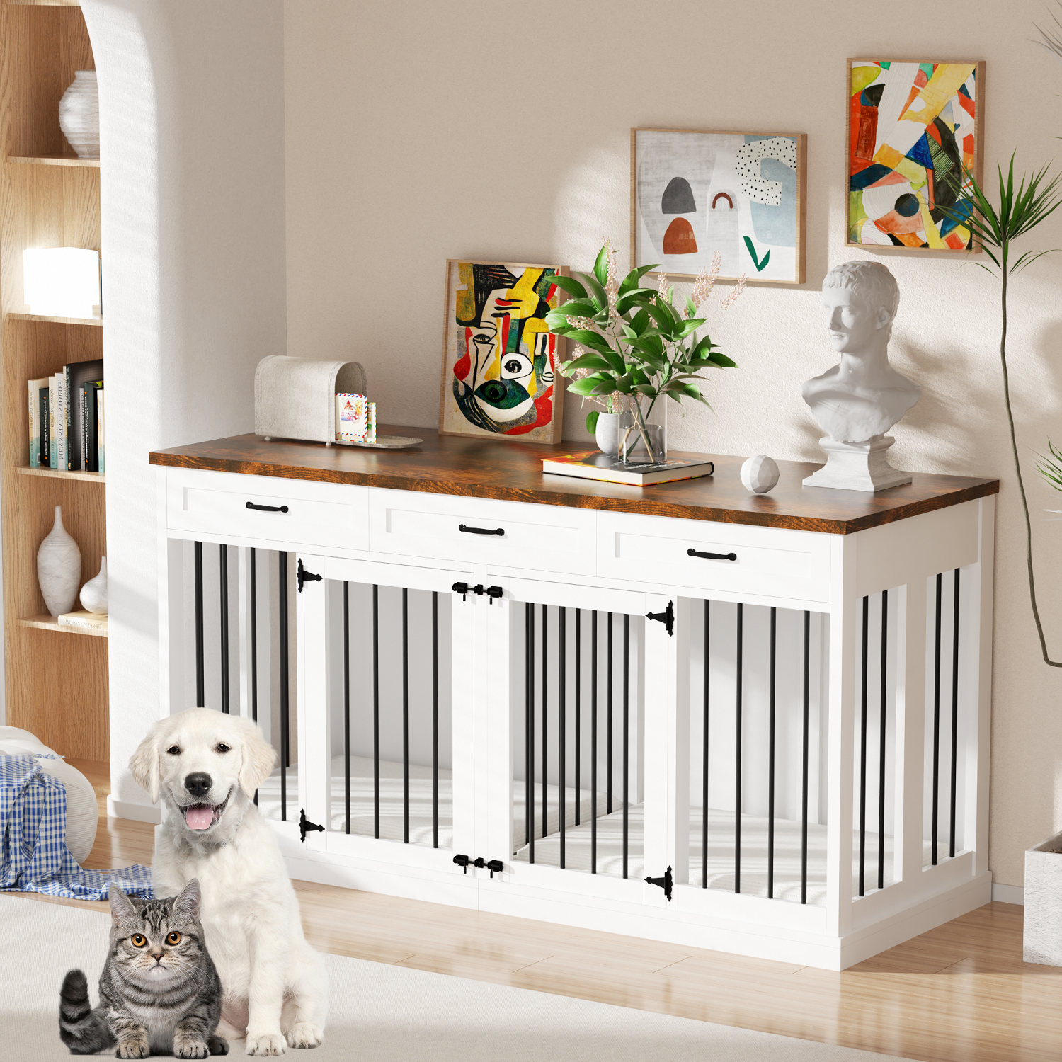 thumbnail video image 2 of QUNTTINA 63'' Dog Cage Furniture for 2 Dogs,with Divider and 3 Drawers, White, 2 of 11