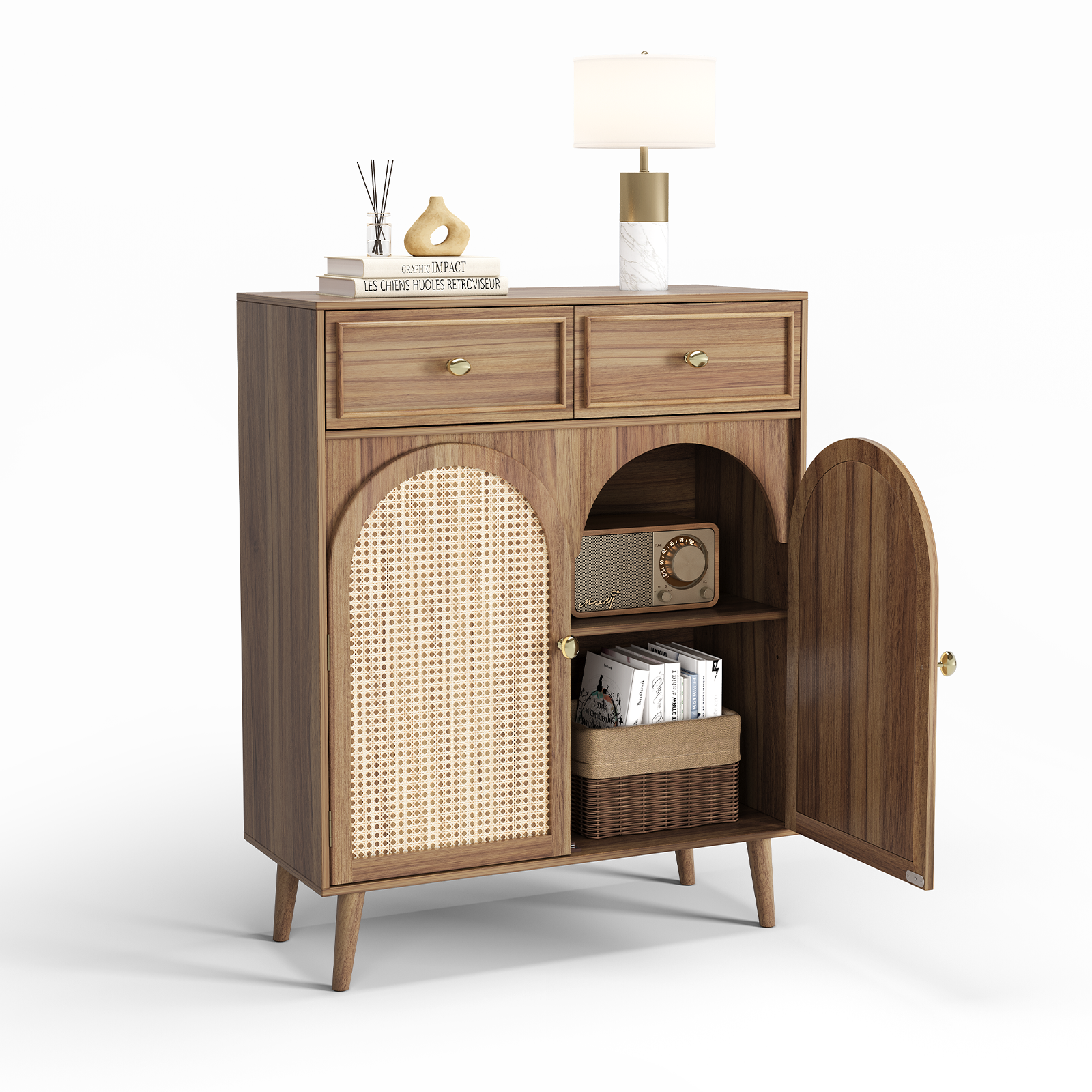 thumbnail video image 2 of JOINICE Boho Sideboard Cabinet with Drawers and Adjustable Shelf,Small coffee bar,Accent Cainet with Rattan Doors,for Living Room,Dining Room,Burlywood, 2 of 10