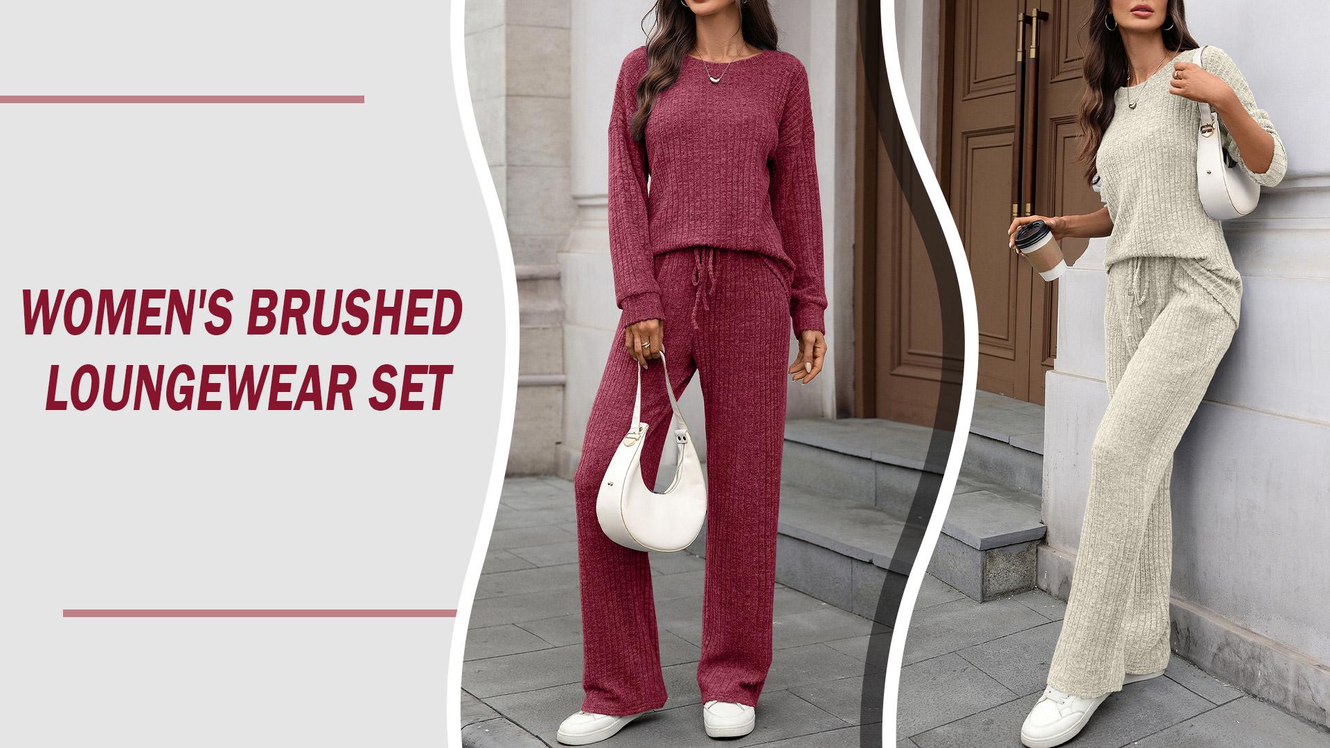 thumbnail video image 2 of FEOYA Womens Ribbed Knit Lounge Set Ladies 2 Piece Matching Pajamas Fall Long Sleeve Sleepwear Outfits Cozy Loungewear S Beige, 2 of 7