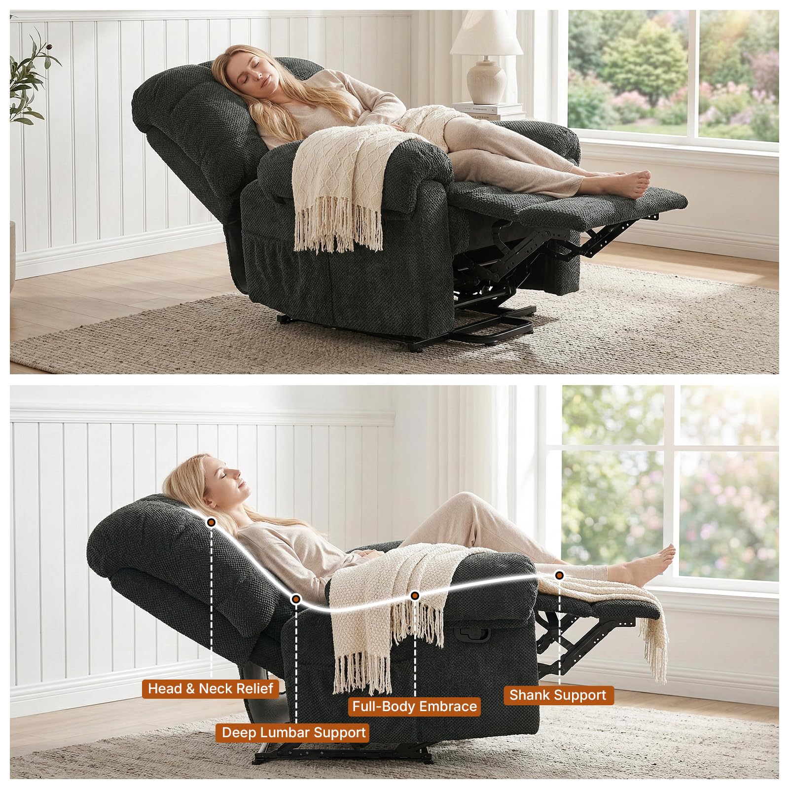 thumbnail video image 2 of QuzyAor 38.6" Overstuffed Manual Recliner Chair, Soft Fabric Lounge Chair with Padded Footrest & Ergonomic Support for Living Room Bedroom Home Theater, Dark Gray, 2 of 10