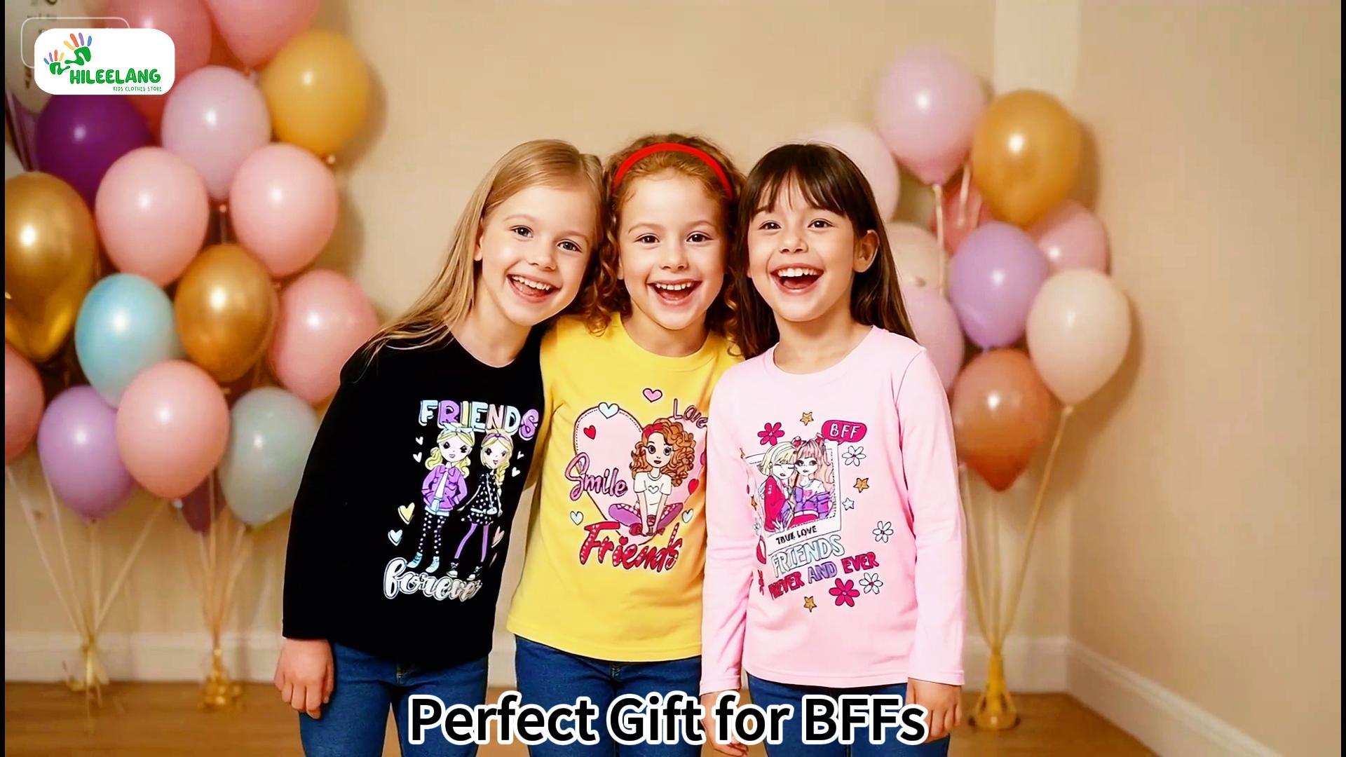 thumbnail video image 2 of HILEELANG Toddler Girls'Christmas Long Sleeve Tee Shirt Cotton Crewneck Santa Claus Graphic Tops T-Shirts Blue Yellow Pink 3 Packs Sets 5T, 2 of 7