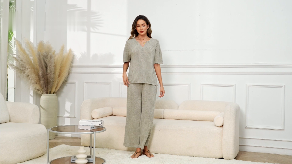 thumbnail video image 2 of Avidlove Women's Pajamas Sets 2 Piece Knit Lounge Wear Short Sleeve Pullover and Wide Leg Pants Lounge Sleepwear, 2 of 6