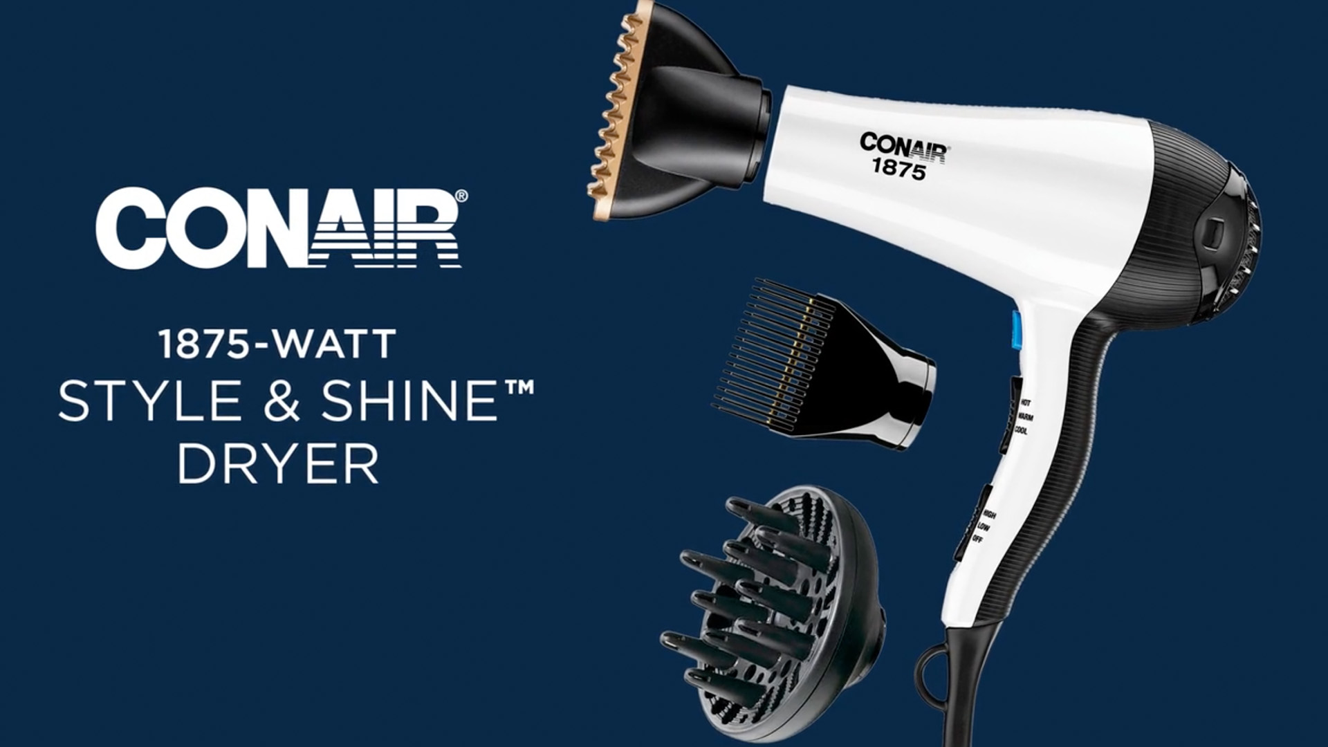 thumbnail video image 2 of Conair Style & Shine Hair Dryer, 1875 Watts, Diffuser, Concentrator & Detangler Attachments, 2 of 12