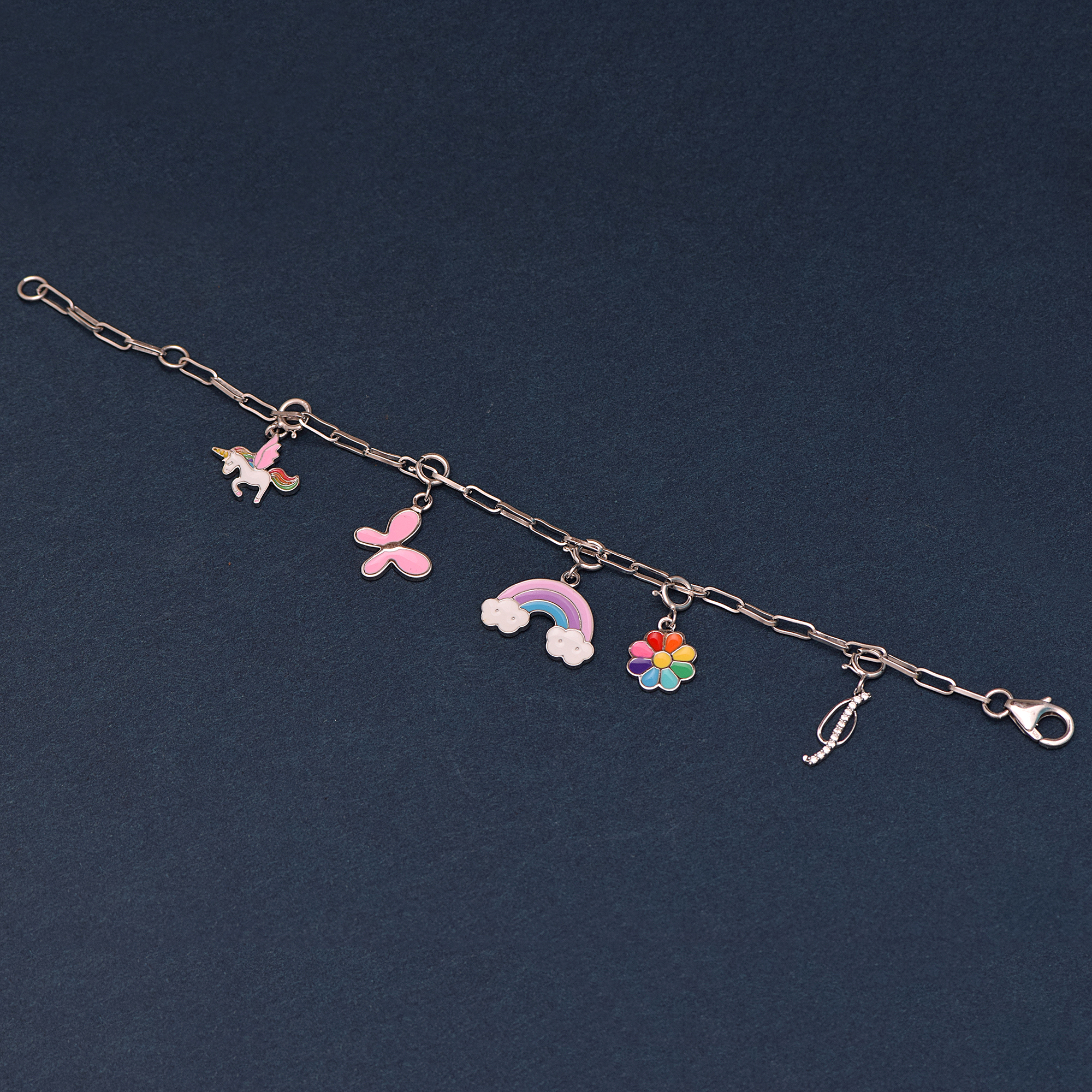 thumbnail video image 2 of 925 Sterling Silver Multi-Charm Chain Bracelet for Multi-Colour Rainbow Flower Unicorn Butterfly Alphabet Charm Bracelet For Women Jewelry, 2 of 6