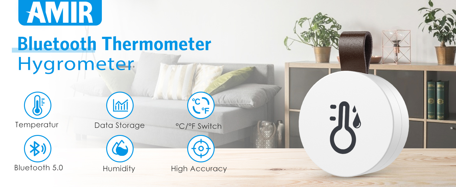 thumbnail video image 2 of Indoor Thermometer, AMIR Bluetooth Indoor Thermometer Temperature Humidity Sensor APP Data Export Humidity Monitor for Home Bedroom Kidsroom Greenhouse Outdoor, 2 of 11