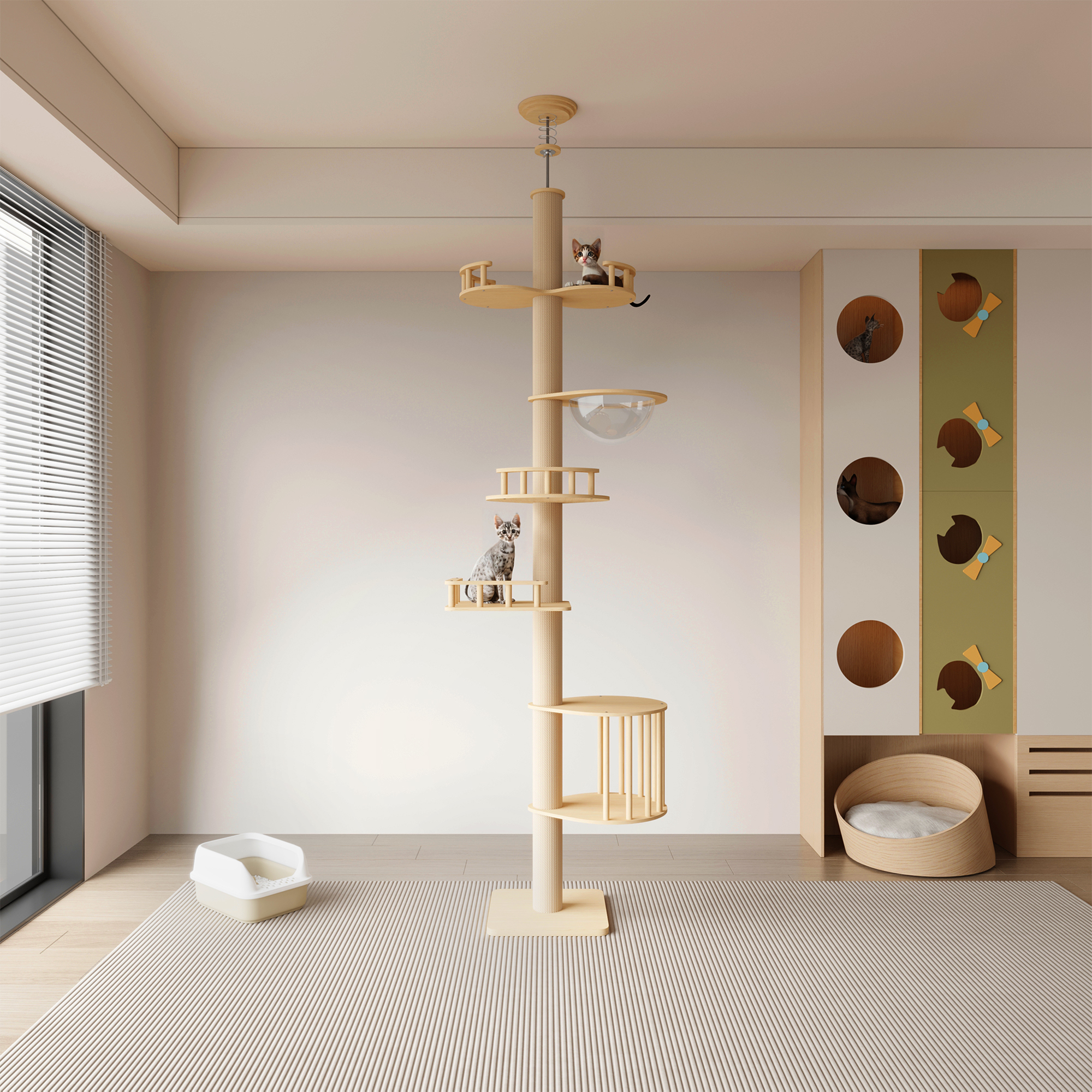 thumbnail video image 2 of Heynemo Floor to Ceiling Cat Tree Tower Adjustable Height Multi-Level with Acrylic Capsule Sisal Scratching Posts Stable Stylish for Kittens & Large Cats, 2 of 7