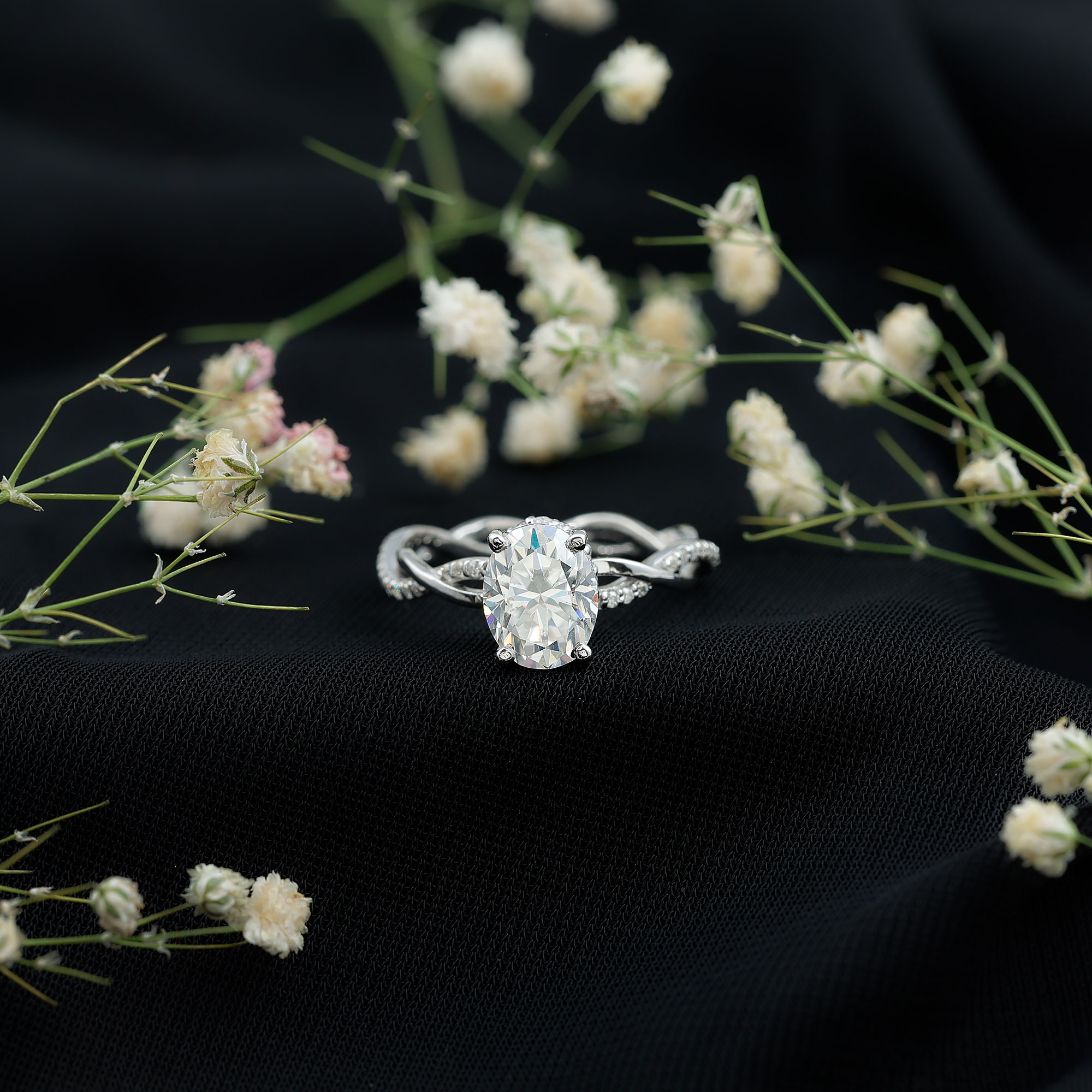 thumbnail video image 2 of Oval Moissanite Hidden Halo Engagement Ring for Women - 7X9 mm - 2 Ct - D-VS1 Grade), 10K White Gold, US 11.75, 2 of 9