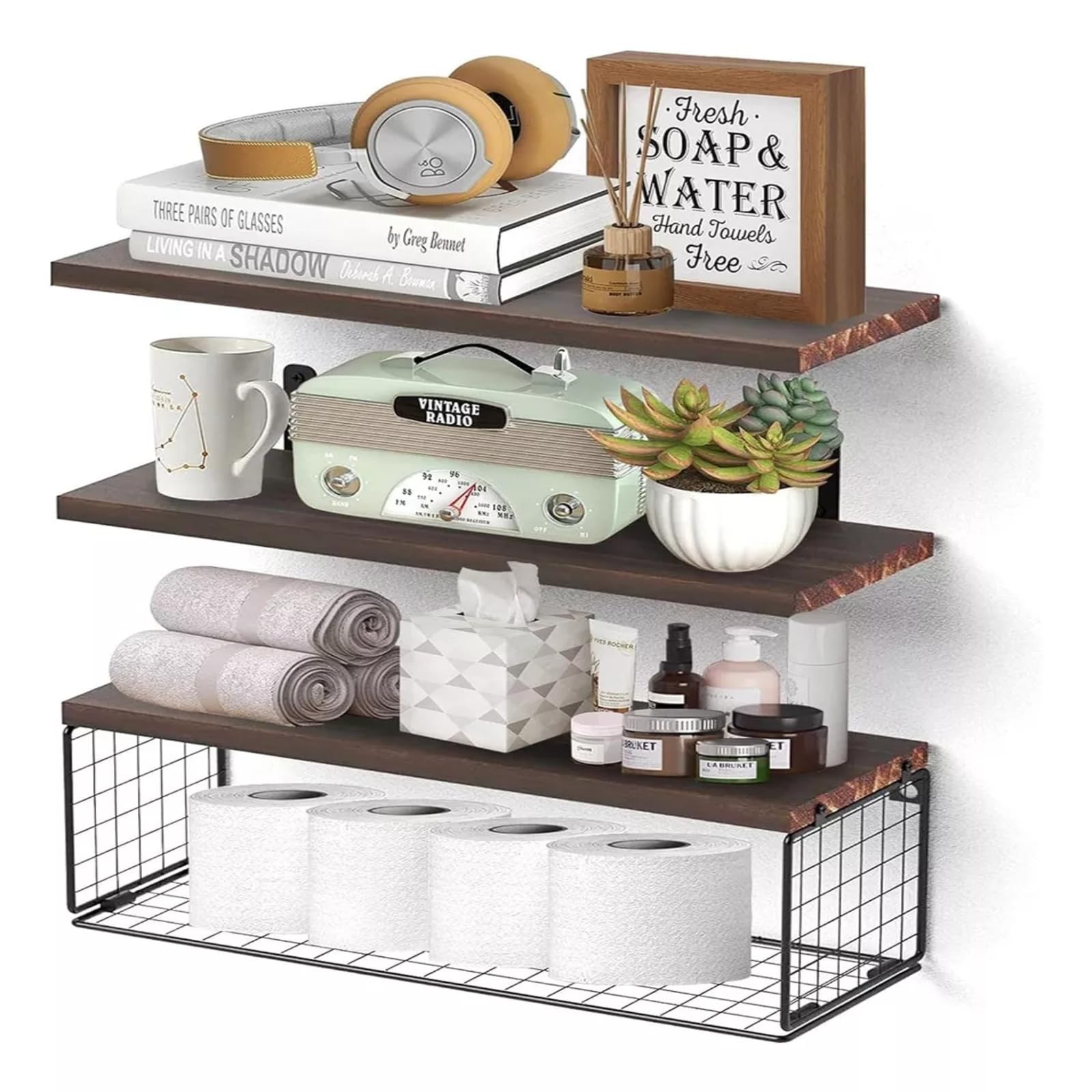 thumbnail video image 2 of Bathroom Shelf Over Toilet, Floating Bathroom Shelf Wall Mounted with Wire Basket, Floating Shelf for Wall Décor-Rustic Brown, 2 of 11