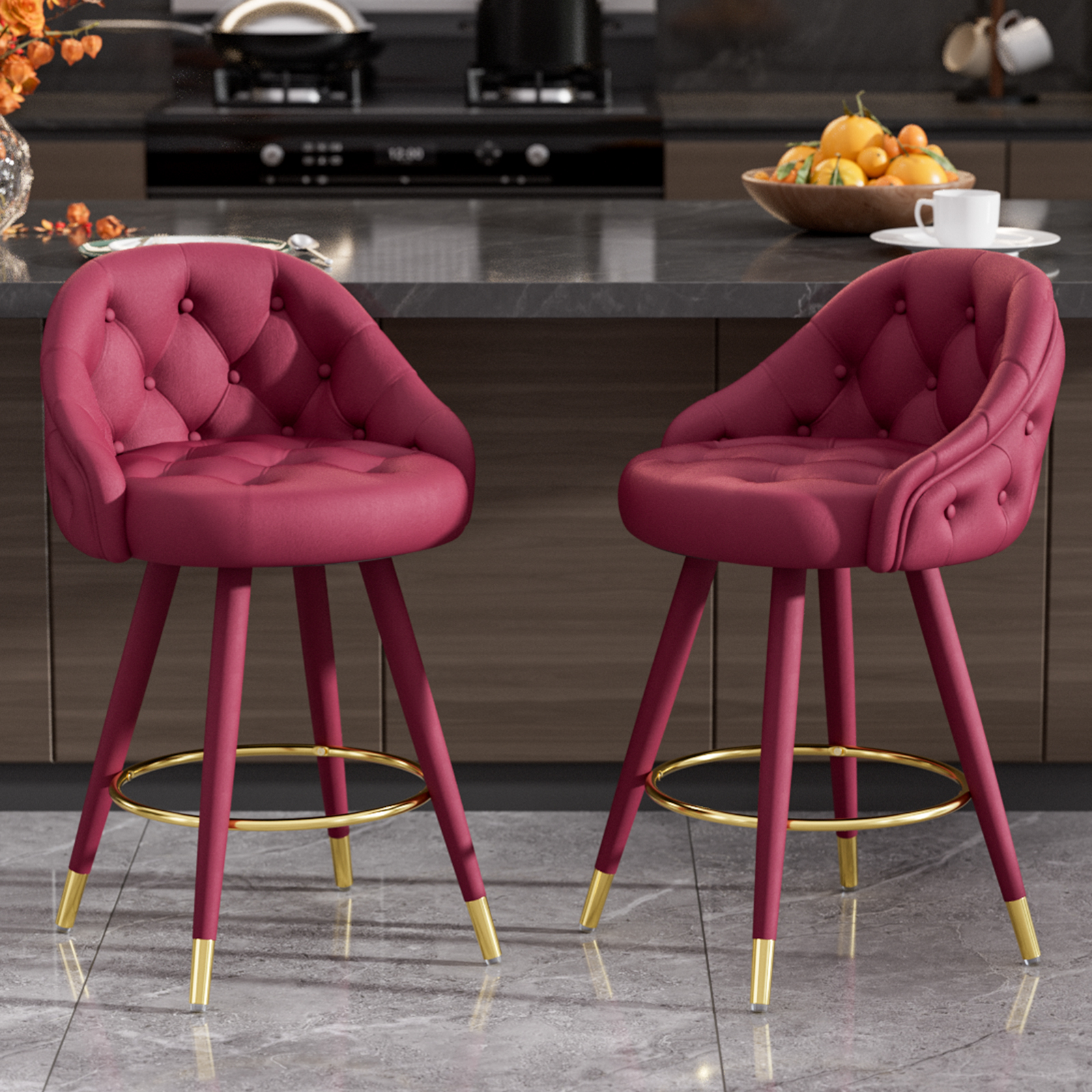 thumbnail video image 2 of Ninecer Velvet Swivel Bar Stools Set of 2, 26" Counter Height Tufted Bar Chairs with Low Back, Round Upholstered Seat, Gold Legs, Footrest, 300lbs Capacity for Kitchen Island, Wine Red, 2 of 9