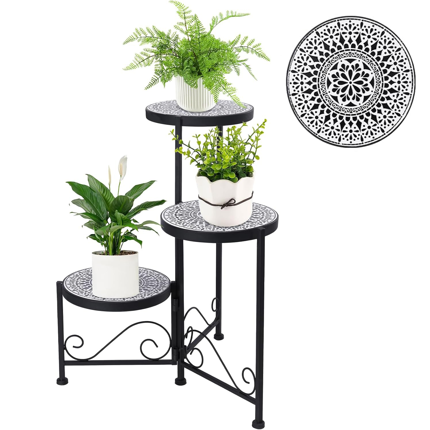 thumbnail video image 2 of 3 Tiers Mosaic Plant Stand Indoor Corner Garden Shelf Flower Stands for Living Room Balcony and Garden Decor Black, 2 of 8