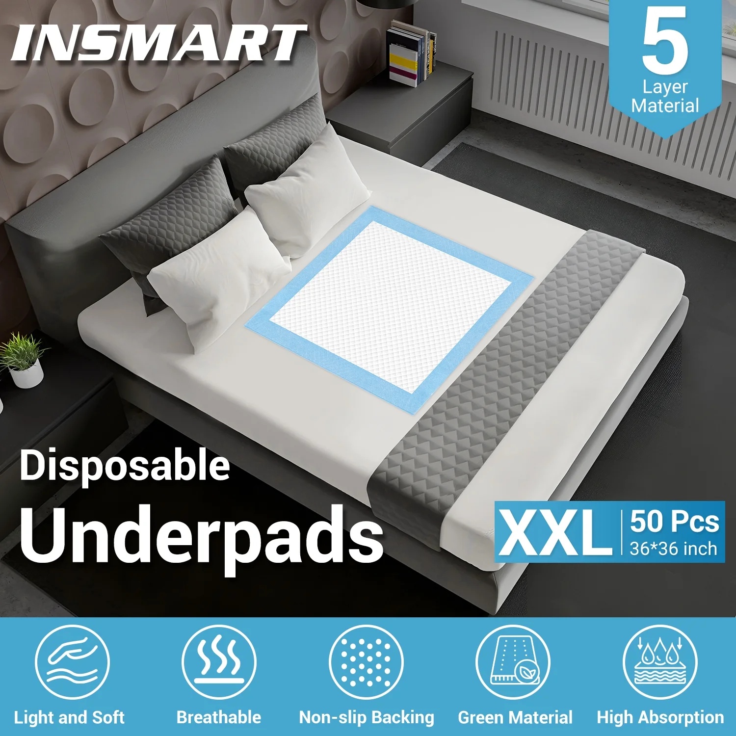 thumbnail video image 2 of INSMART Bed Pads for Incontinence Disposable, 36" x 36", 50 Count Disposable Incontinence Bed Pads-Maximum Absorbent Unisex Large Chucks Pad-Incontinence Bed Pads-Bed Liners Incontinence,XXL, 2 of 6