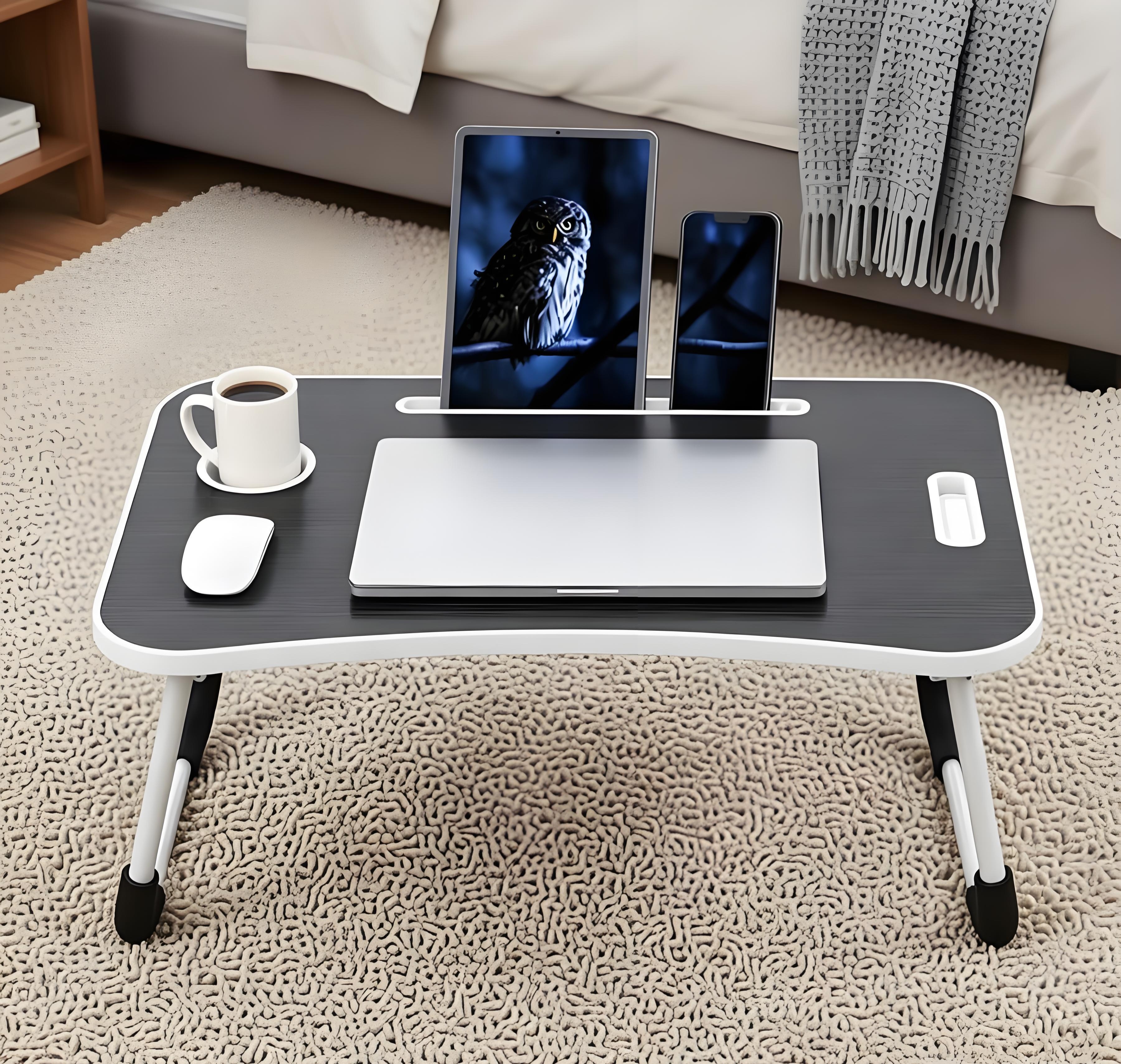 thumbnail video image 2 of Foldable laptop desk, portable laptop table, bed table tray, laptop stand with cup holder and tablet slot and lifting handle for writing, painting and eating (Walnut), 2 of 12