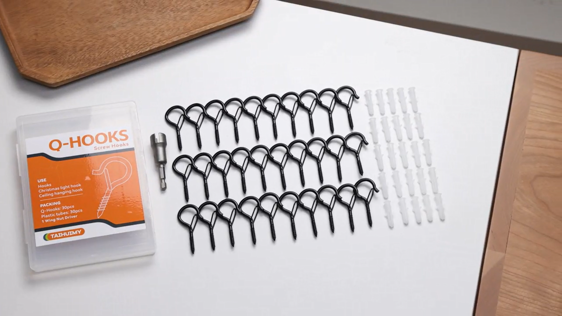 thumbnail video image 2 of TAIHUIMY 40 Pack Q-Hanger Hooks for Outdoor String Lights, Eye Hooks Screw Christmas Rope Light Clips, Wall Cabinet Ceiling Hooks with Safety Buckle for Light Plants Wind Chimes, 2 of 10