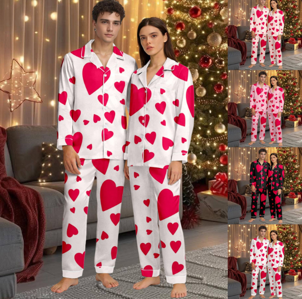 thumbnail video image 2 of HNMKIU Valentine's Day Couples Pajamas Set with Heart Print V-Neck Long Sleeve Pants Button Closure Cozy Sleepwear 01_Light Pink,L, 2 of 6