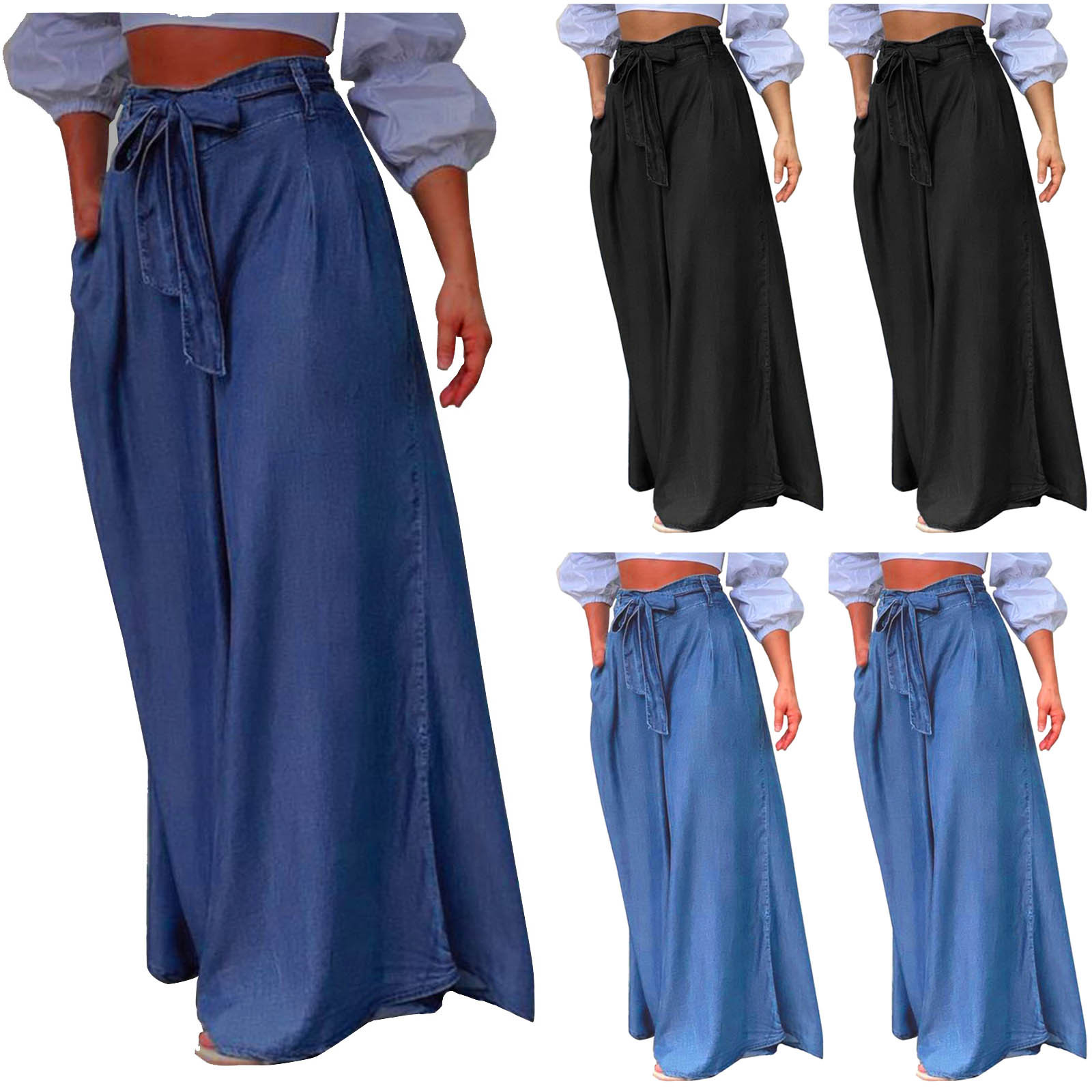 thumbnail video image 2 of WREESH Womens Wide Leg Long Palazzo Pants Fashion Summer Casual Loose Button Zipper Pocket Solid Trousers Bandage Pants Black, 2 of 2