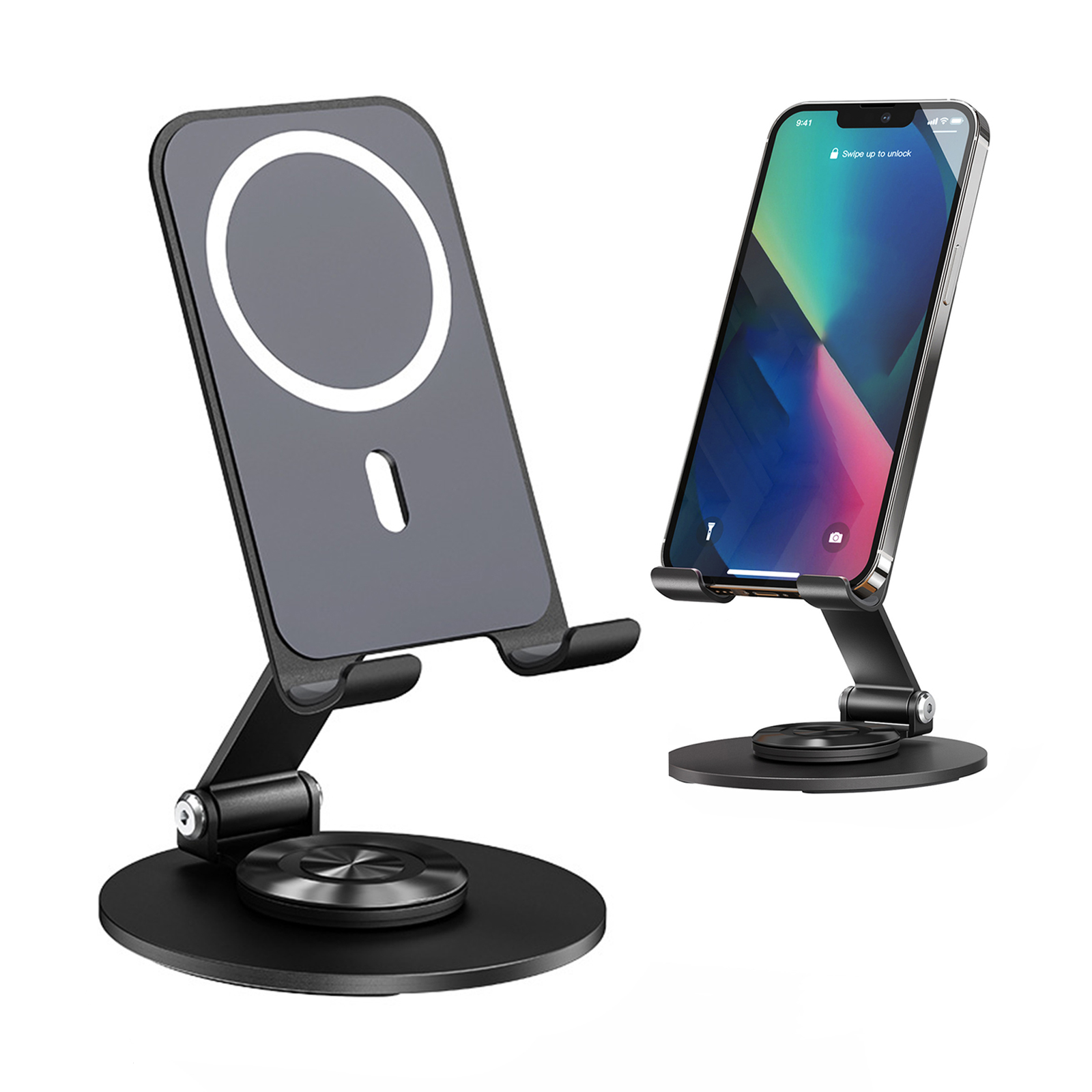 thumbnail video image 2 of 360° Rotating Magnetic Desk Phone Stand for MagSafe, Tilt Adjustable Non-Slip Holder, Office Desk Accessory for 12-17 Series & Android Devices (Charger Not Included), 2 of 9
