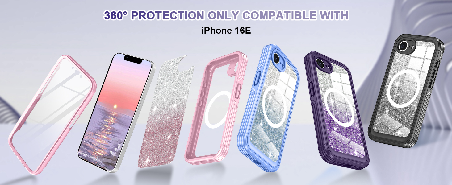 thumbnail video image 2 of Casetego for iPhone 16e Magnetic Case 2025,[Compatible with MagSafe] Built-in Tempered Glass Screen Protector Full Body Shockproof Protective Phone Cover for Women Girls,Pink Glitter, 2 of 9