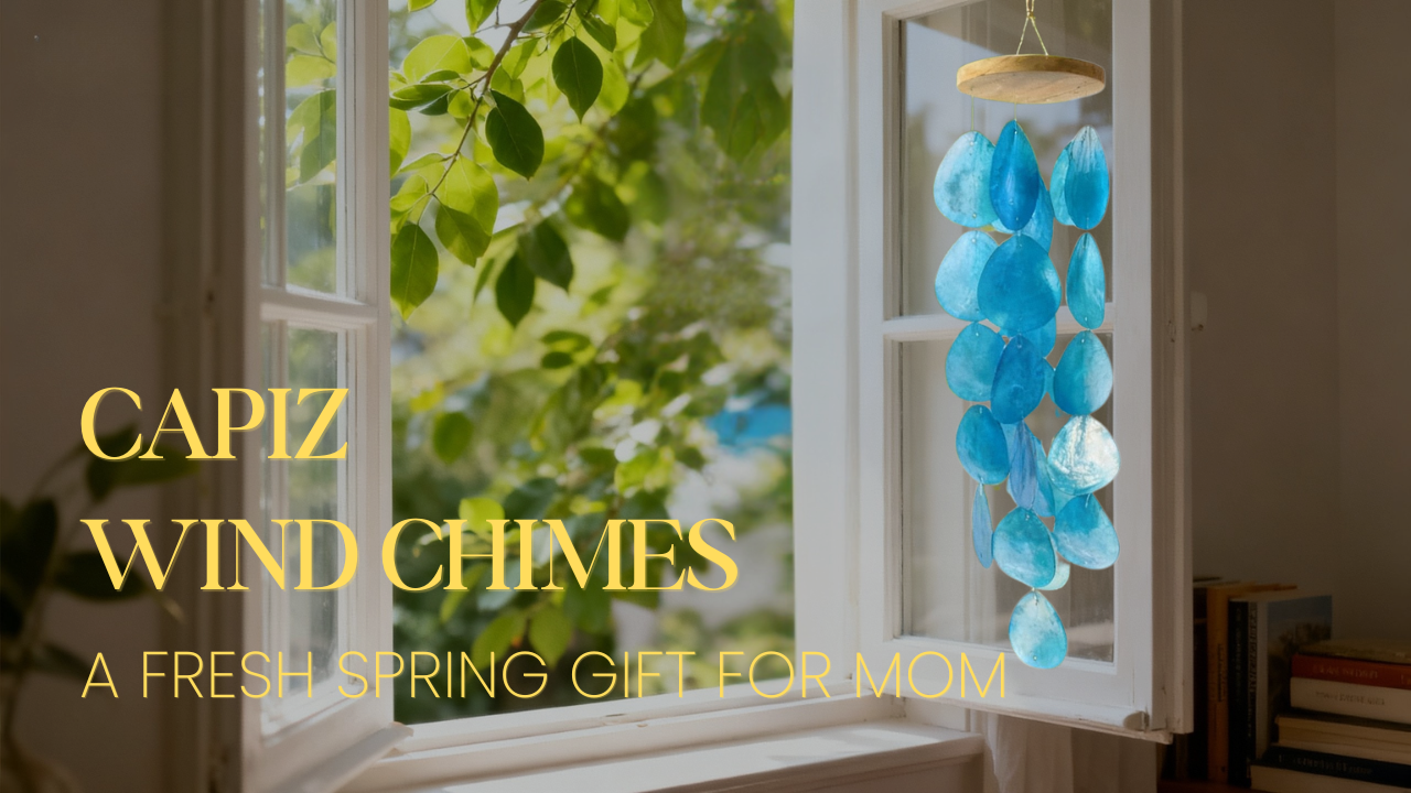thumbnail video image 2 of Solange & Frances Blue Capiz Shell Wind Chimes, 26" Hanging Teakwood Decor, 2 of 8