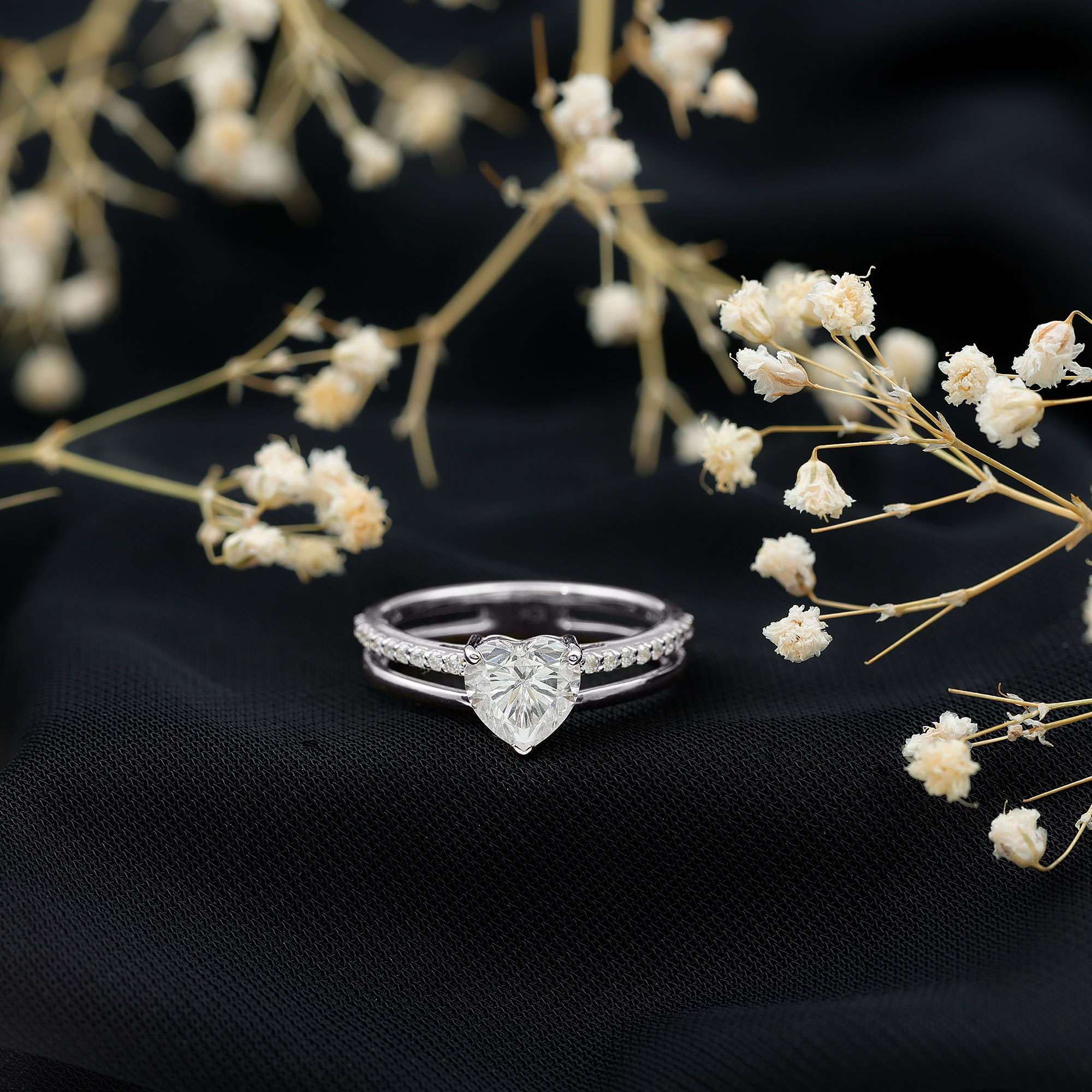 thumbnail video image 2 of Rosec Jewels Moissanite Heart Engagement Ring 1 Ct - Double Band Ring - 7 mm - D-VS1 Quality Certified, 925 Sterling Silver, US 4.00, 2 of 8