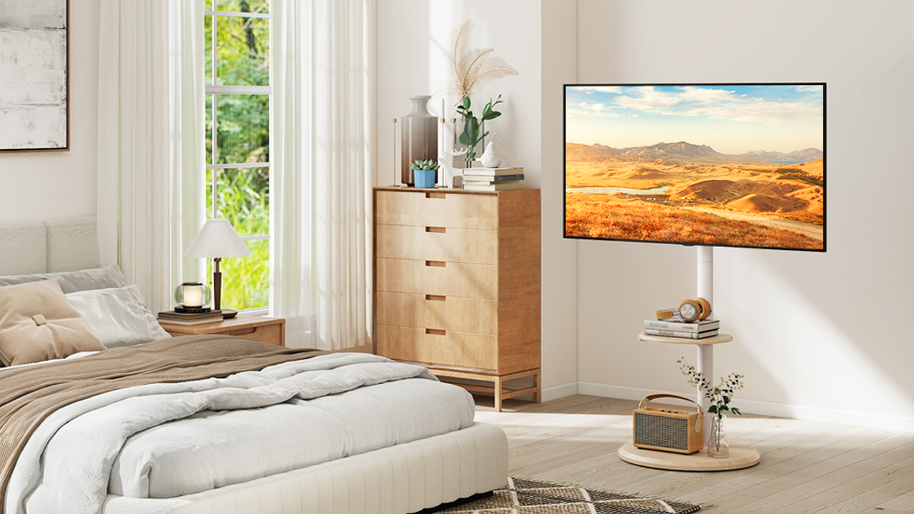 thumbnail video image 2 of RTVR Mobile Floor TV Stand with Round Wooden Base for 32-65 inch Screens, Portable Swivel Tilt Adjustable TV Cart, Oak, 2 of 11