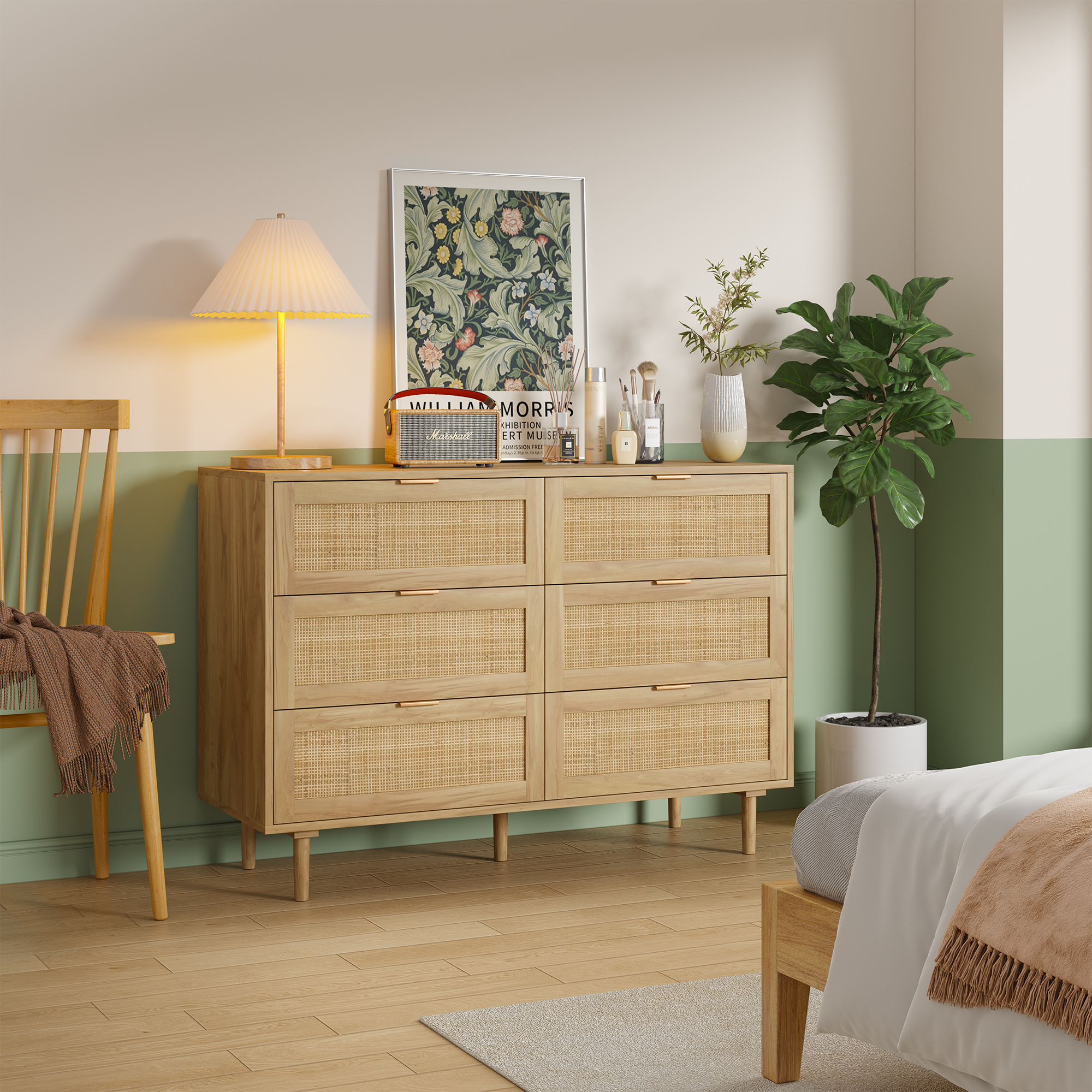 thumbnail video image 2 of Furnihold 6 Drawer Rattan Dresser for Bedroom, Wooden Dresser Chest of Drawers, Storage Organizer for Closet, Beside Table for Living Room, Entryway, 2 of 8