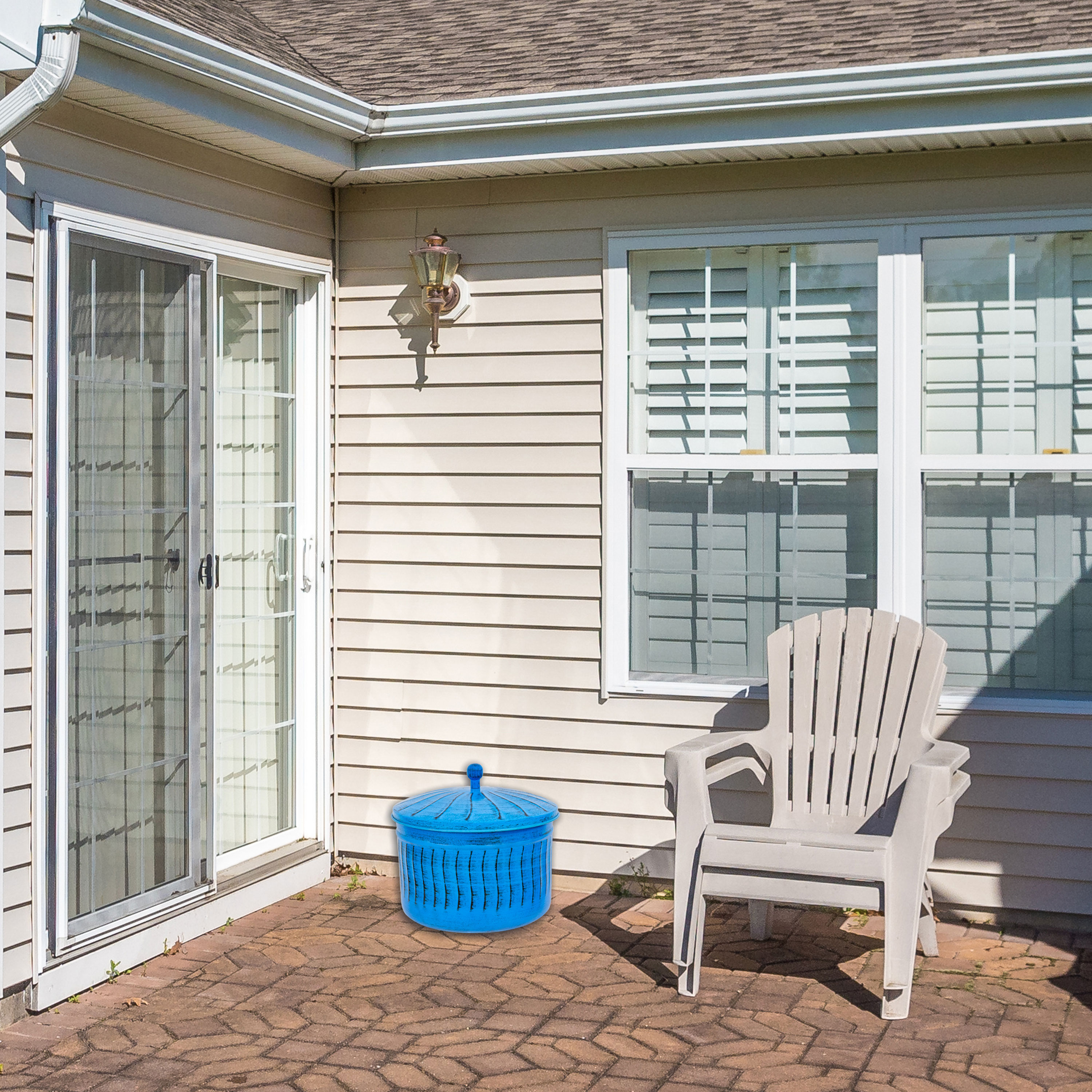 thumbnail video image 2 of Sunnydaze 17.5" Embossed Metal Garden Hose Holder Pot with Lid, Blue Patina, 2 of 13