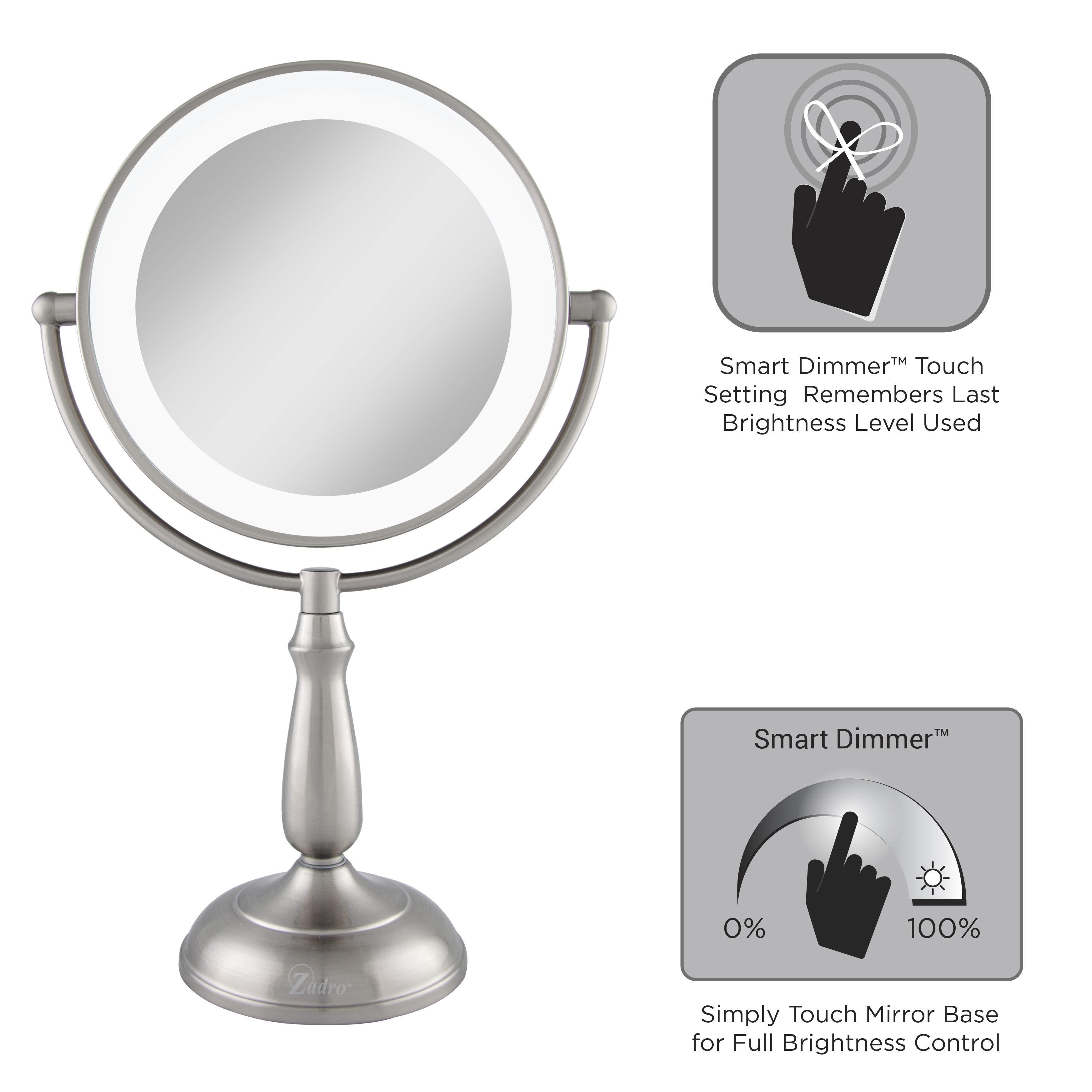 thumbnail video image 2 of Zadro LED Light Makeup Mirror w/ Magnification & Touch Base Technology, 2 of 11