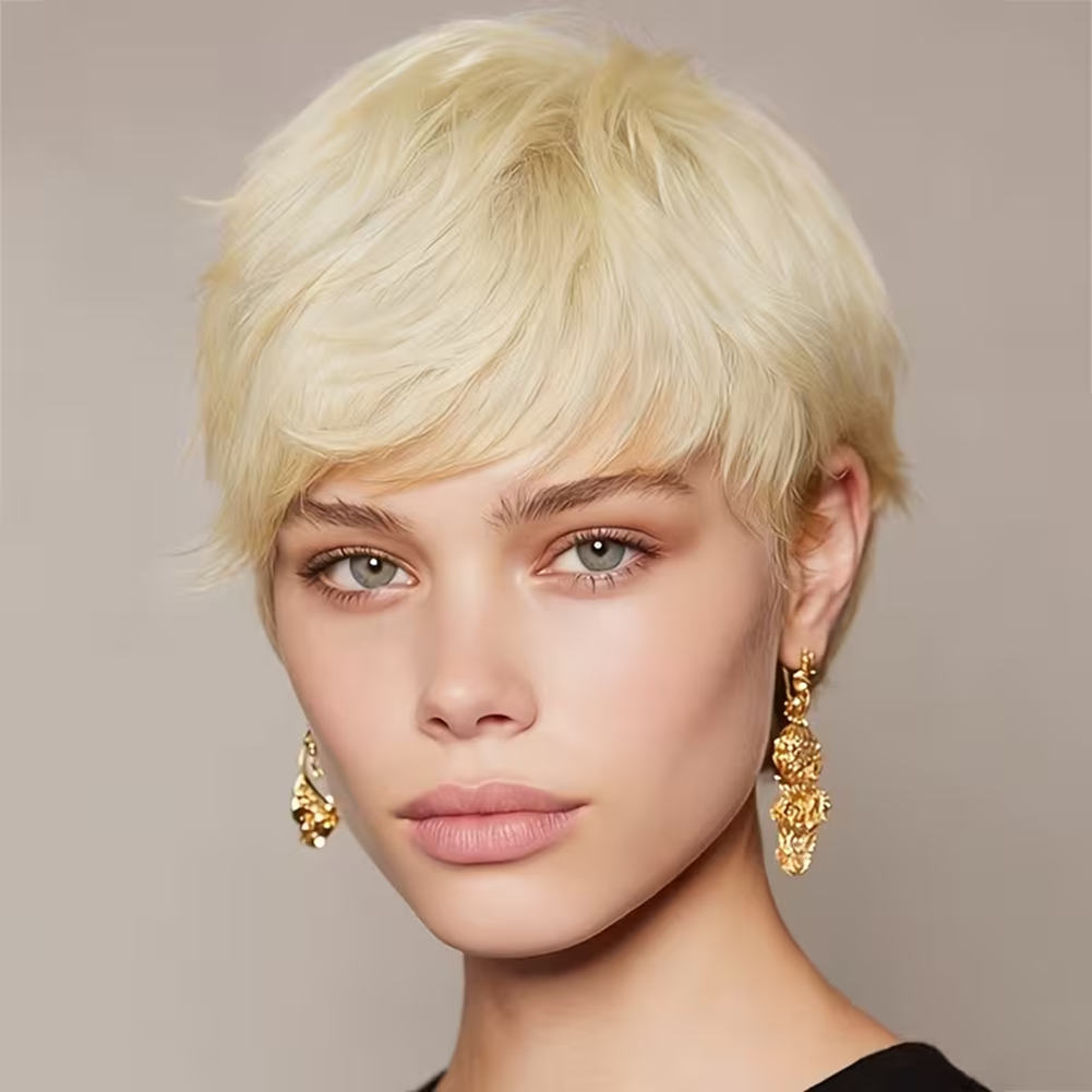 thumbnail video image 2 of 613 Pixie Cut Wigs Human Hair Glueless Full Machine Made Wig 150% Density Honey Blonde Straight Wavy Short Wigs with Bangs None Lace Front Wig Rose Net Cap for Party Cosplay Daily Use, 2 of 8