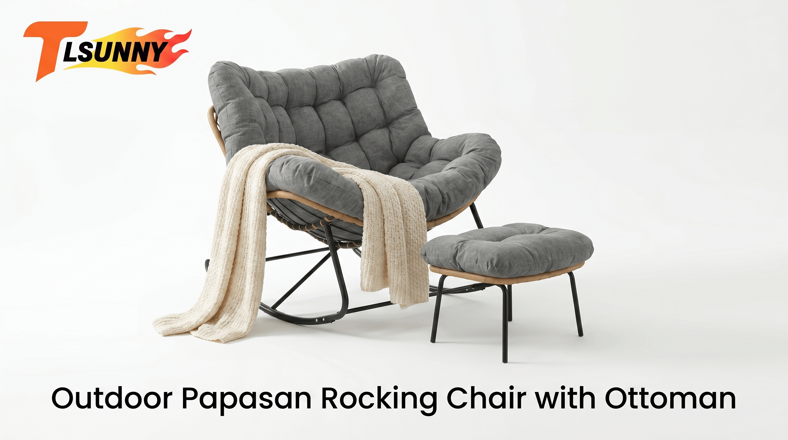 thumbnail video image 2 of TLSUNNY Papasan Rocking Chair with Ottoman, Oversized Papasan Chair with Padded Cushion, Indoor & Outdoor Rocker Chair for Living Room, Patio, Garden, Gray, 2 of 9