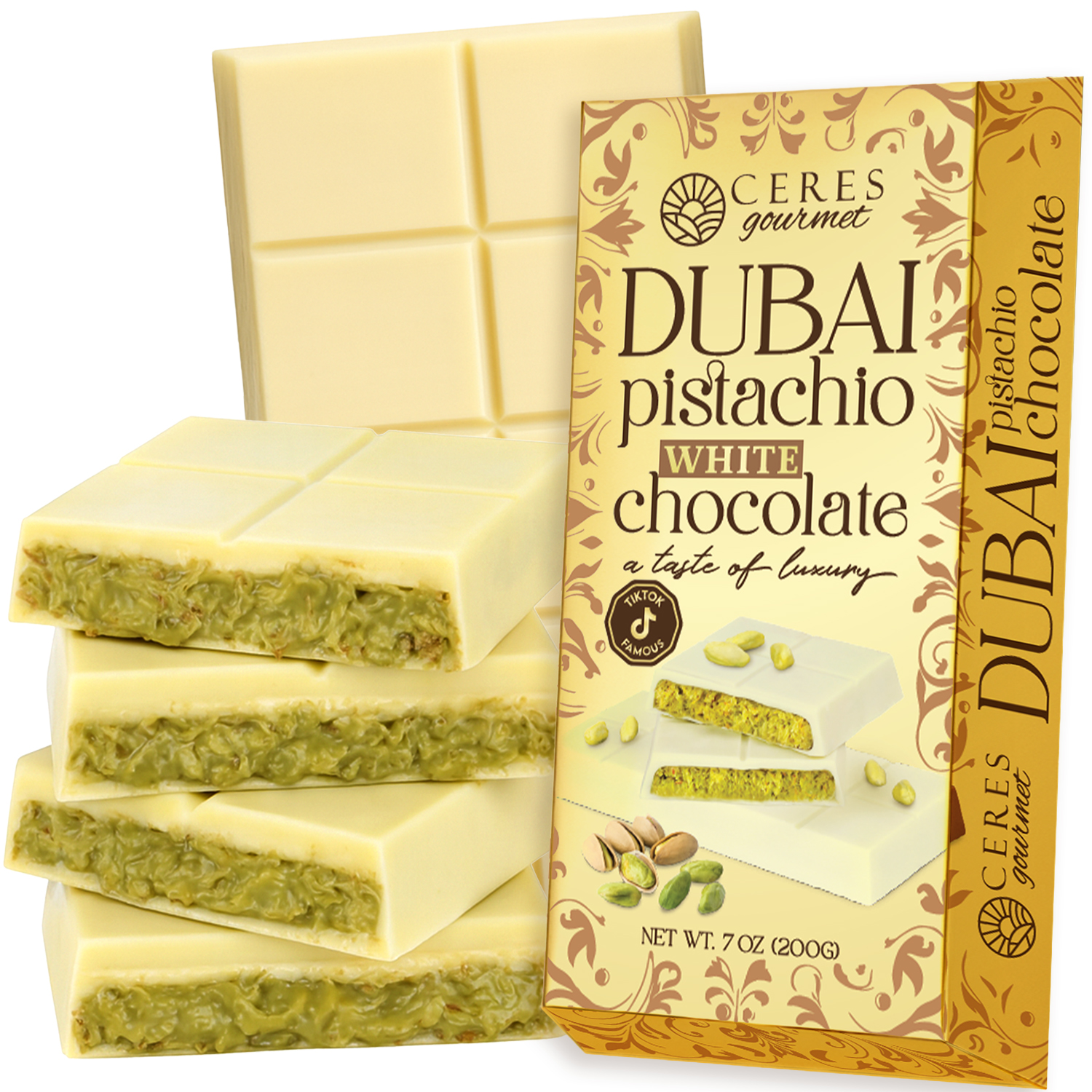 thumbnail video image 2 of Ceres Gourmet Luxury White Chocolate Kunafa Bar with Pistachio, 7oz, 2 of 10