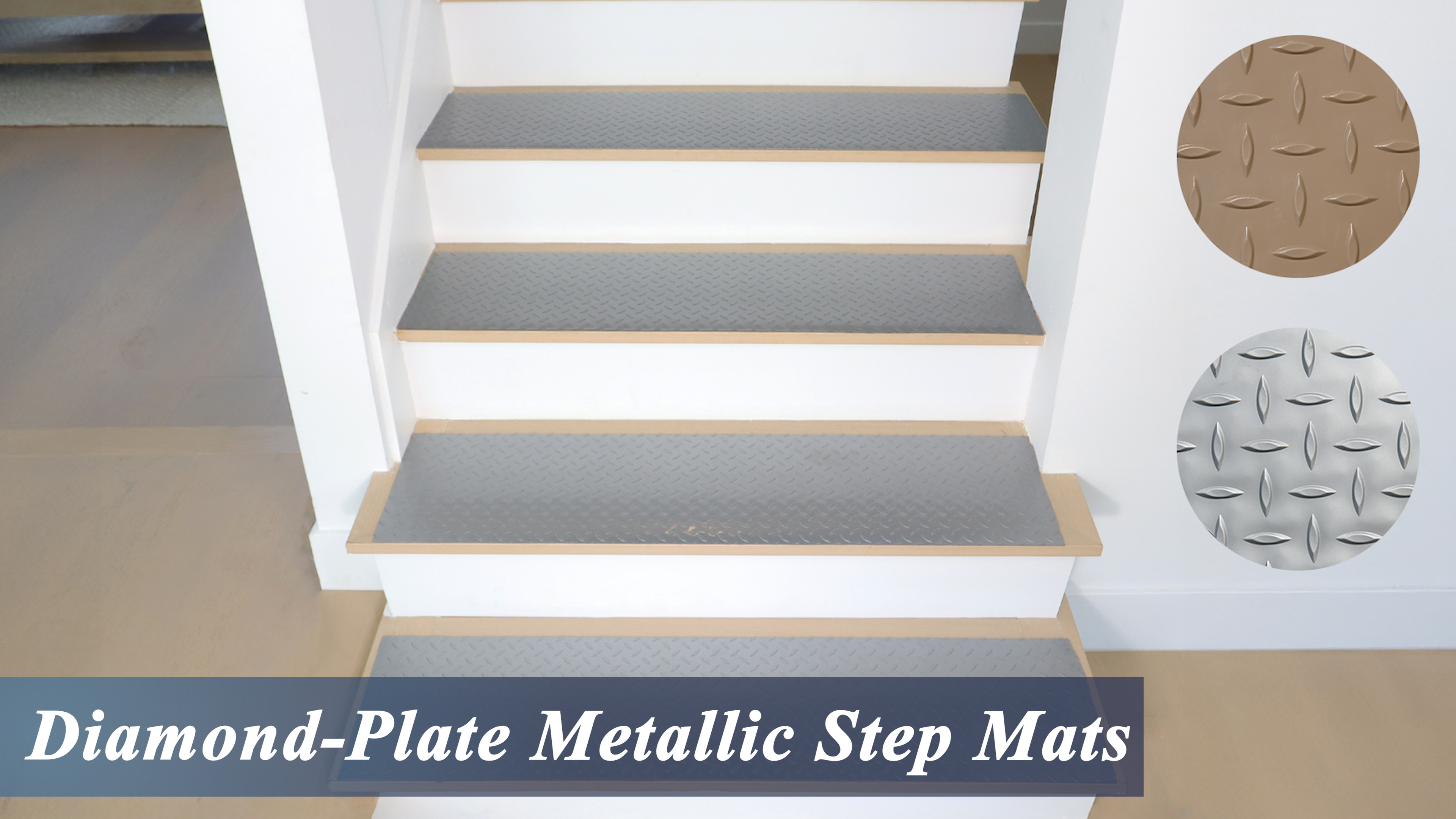 thumbnail video image 2 of Rubber-Cal "Diamond-Plate" Metallic Step Mats - 2.5mm x 36"x 10" - Beige (6pack), 2 of 12