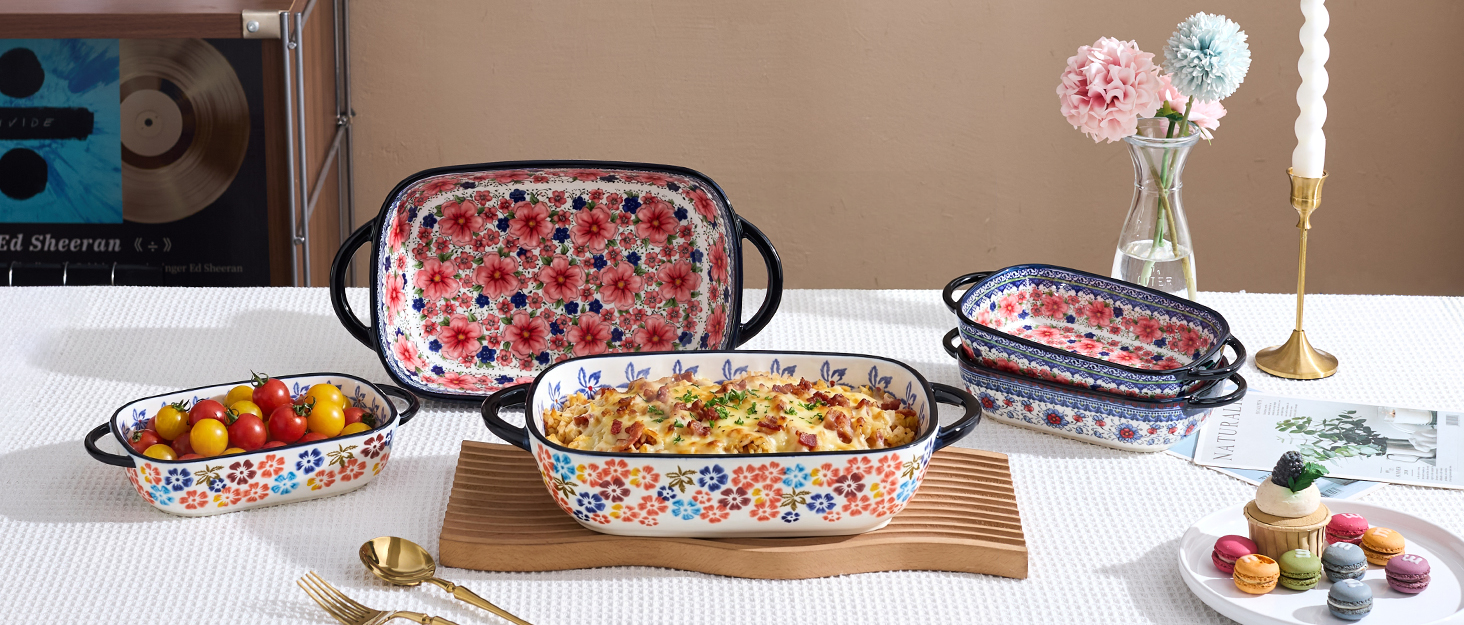 thumbnail video image 2 of Ceramic Casserole Dishes for Oven, Hand-painted Polish Pottery Baking Dish Set of 2, 0.8QT / 2QT Porcelain Casserole Dish with Handles, Baking Pan Lasagna Pan, Gift for Family/Friend (Yellow), 2 of 10