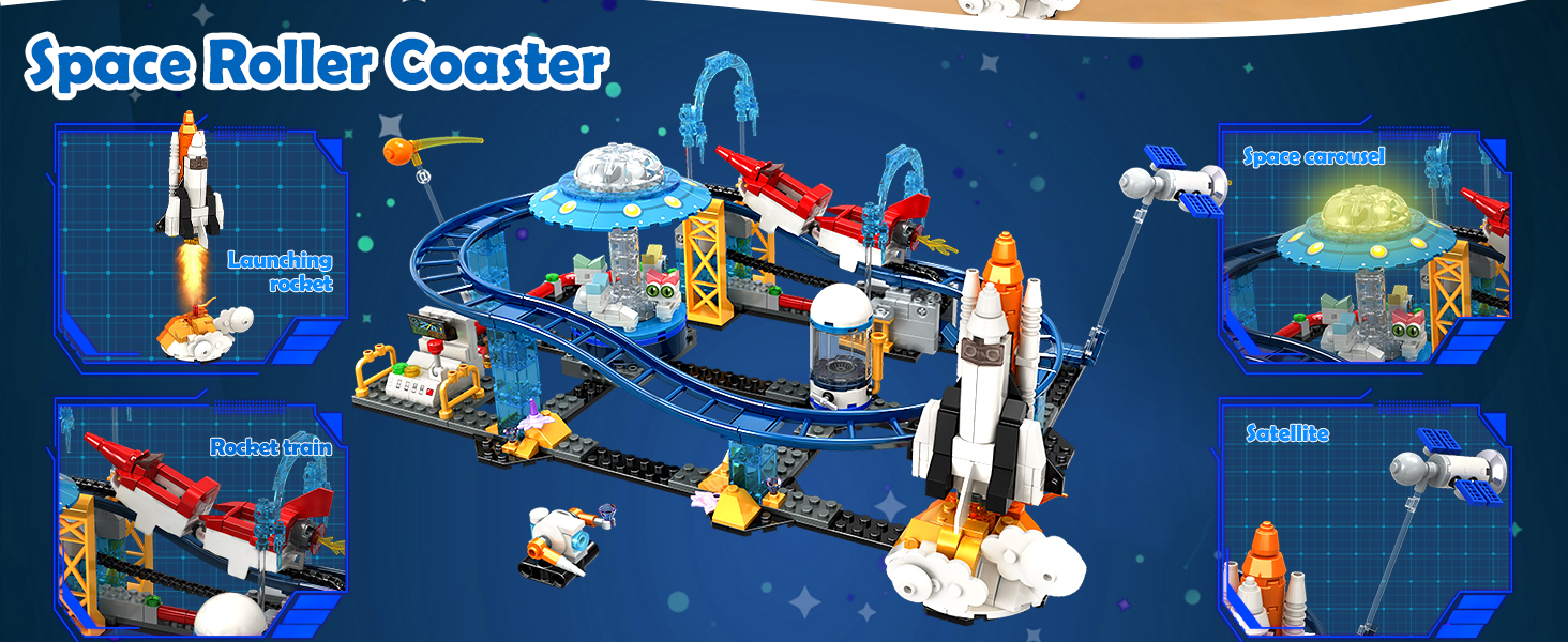 thumbnail video image 2 of 2 in 1 Space Roller Coaster Building Set with Rockets, UFO, Satellites, Space Capsules and City Park Friends Compatible with Lego, STEM Building Block Toy Birthday Gift for Kids Boys Girls 6+, 2 of 8