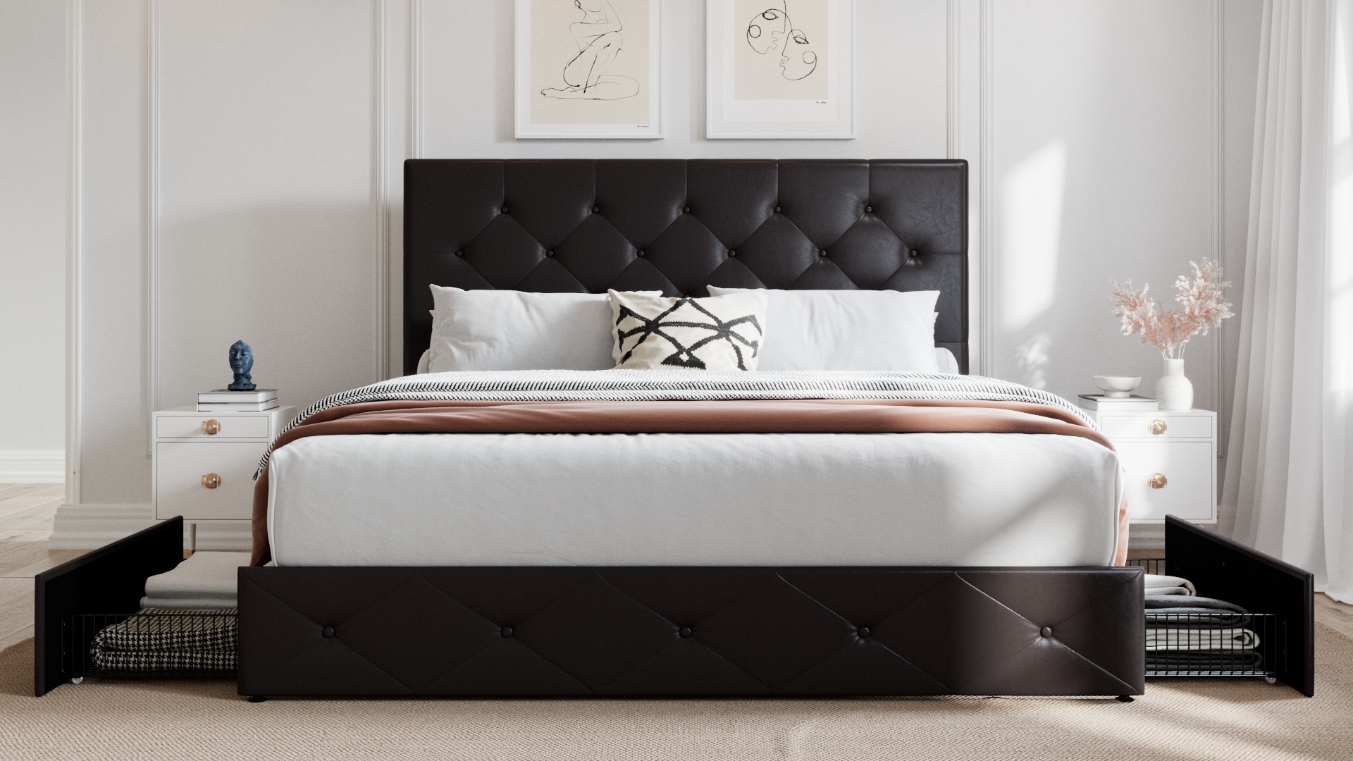 thumbnail video image 2 of Sha Cerlin White Queen Leather Platform Bed Frame with 4 Storage Drawers & Adjustable Headboard, Adult, 2 of 7