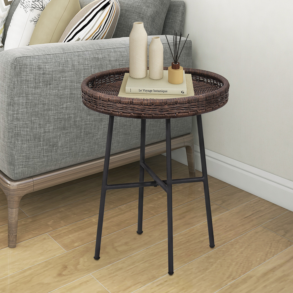 thumbnail video image 2 of ABBLE Dark Brown Wicker Round End Table with Matte Black Metal Legs for Both Outdoor & Indoor Use, 2 of 7