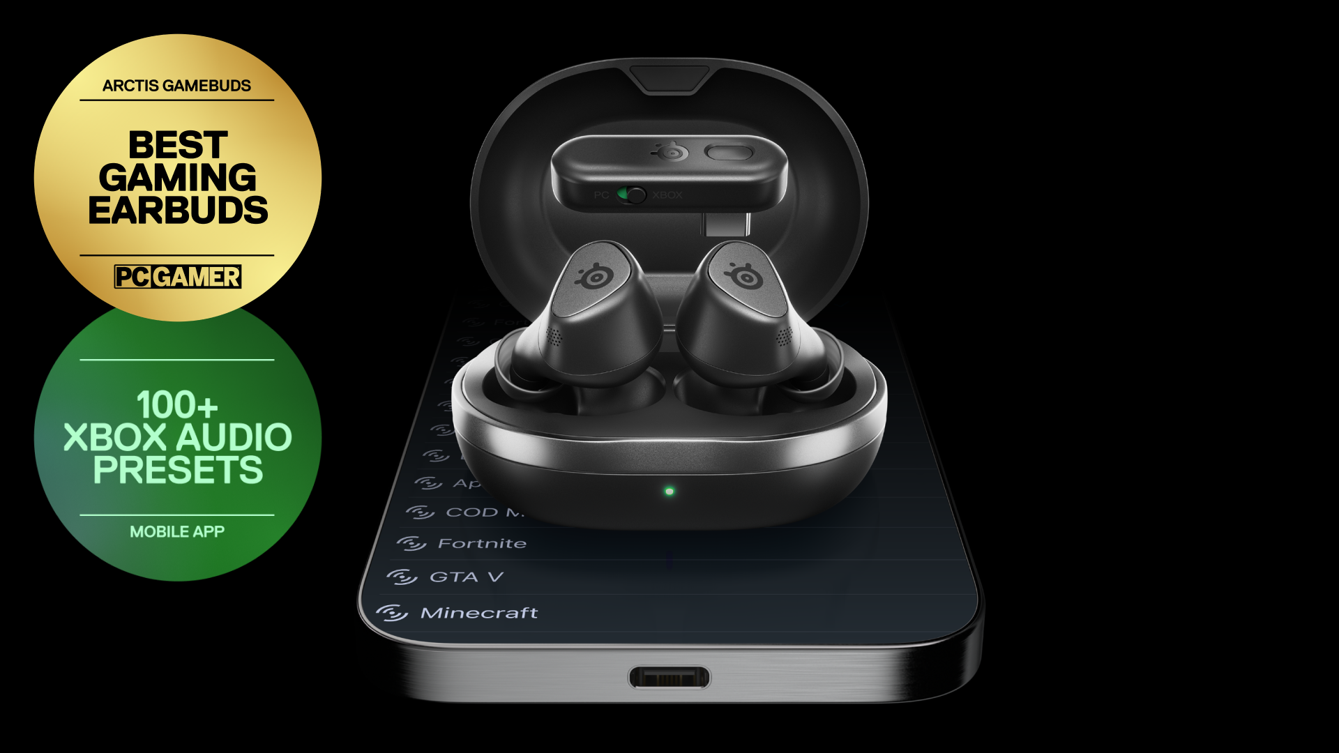 thumbnail video image 2 of Steelseries SteelSeries Arctis GameBuds™ for Xbox — Wireless Charging and 40H Battery — Compatible with PC, PS5, Switch, Mobile, Black, 2 of 13