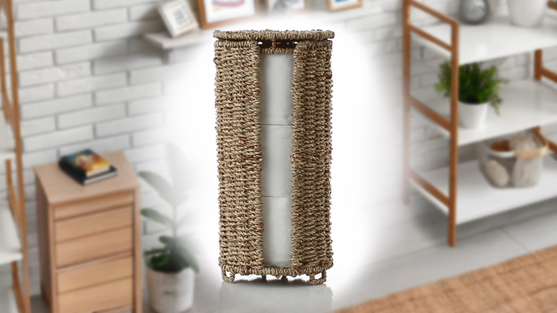 thumbnail video image 2 of Casafield Toilet Paper Roll Holder with Lid - Natural, Fits 3 Rolls, Free Standing Seagrass Bath Tissue Storage Organizer for Bathroom, 2 of 8