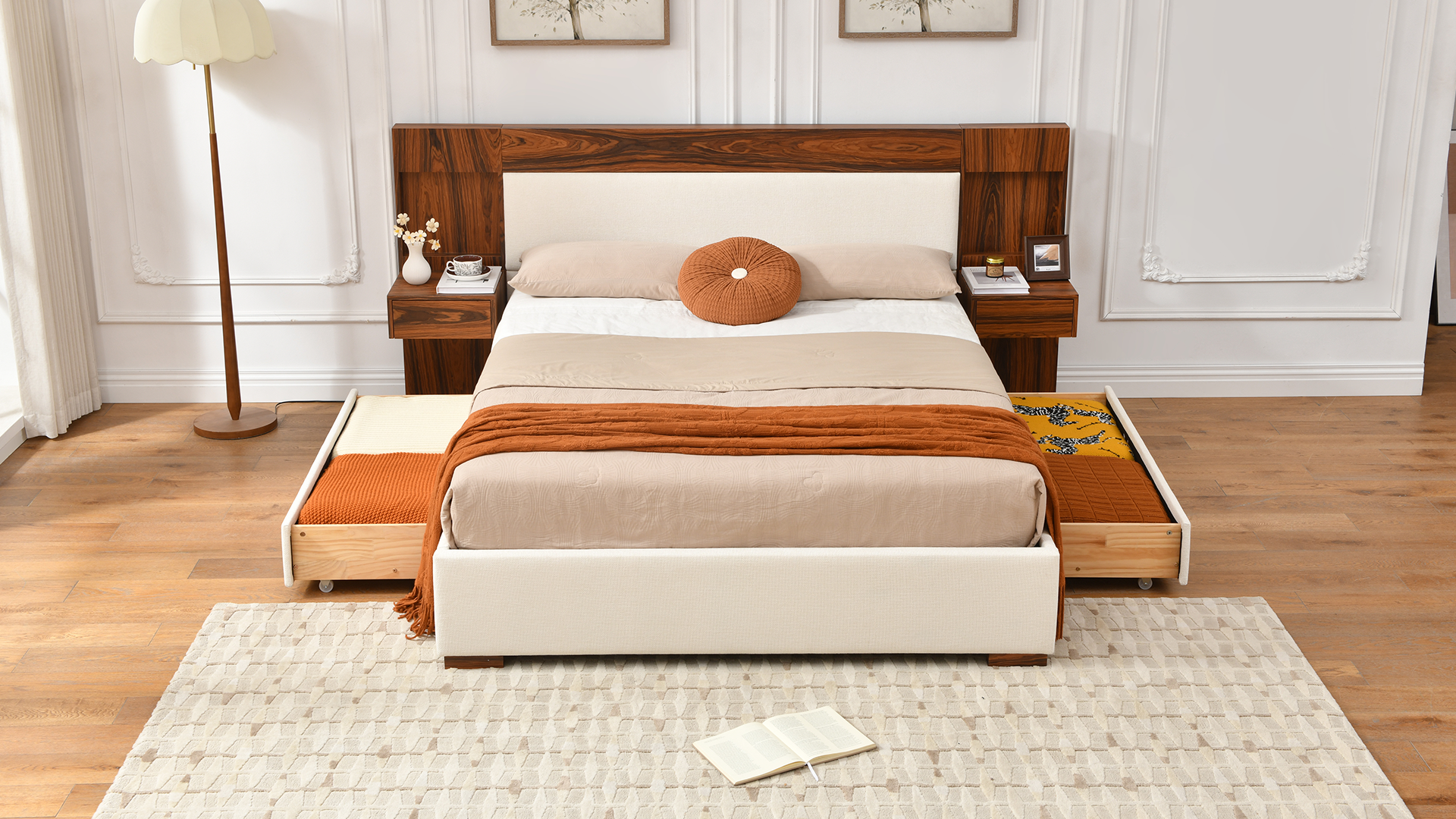 thumbnail video image 2 of Queen Size Bed Frame with Storage Drawers & Built-in Nightstands, Wood Bed Frame with Linen Upholstered Headboard, No Box Spring Needed, Cream, 2 of 10