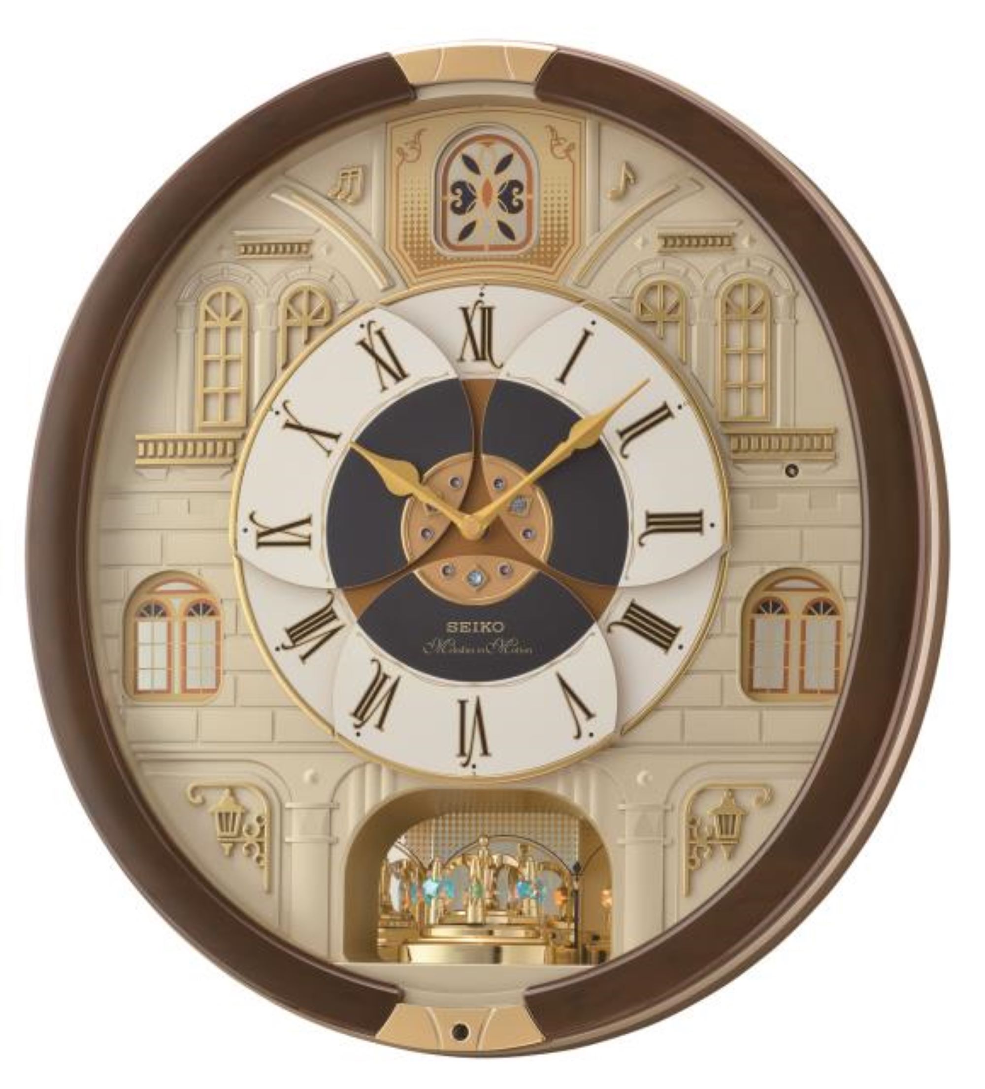 thumbnail video image 2 of Seiko Castle Windows Melodies in Motion, Round, Musical, Quartz, Analog QXM371BRH, 2 of 5