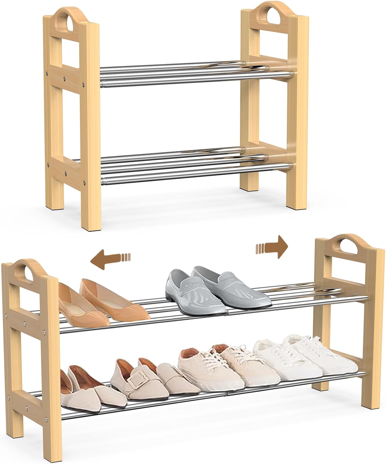 THENNIKIGO, Rectangular Shoe Rack, 01, Wooden 2-Tier Expandable Brown ...