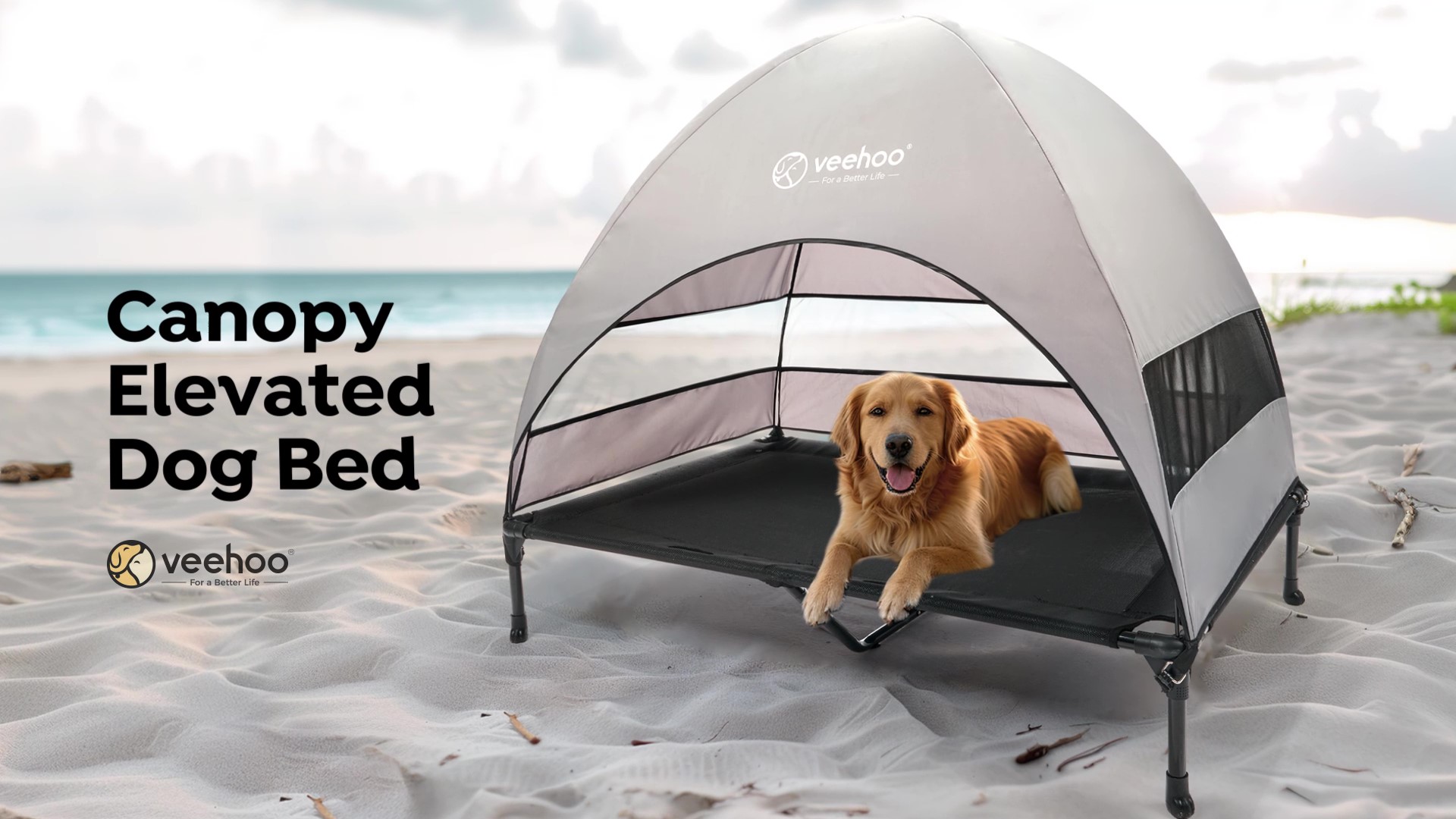 thumbnail video image 2 of Veehoo Outdoor Dog Bed with Removable Canopy, Cooling Elevated Dog Cot Bed, XLarge, Beige Coffee, 2 of 8
