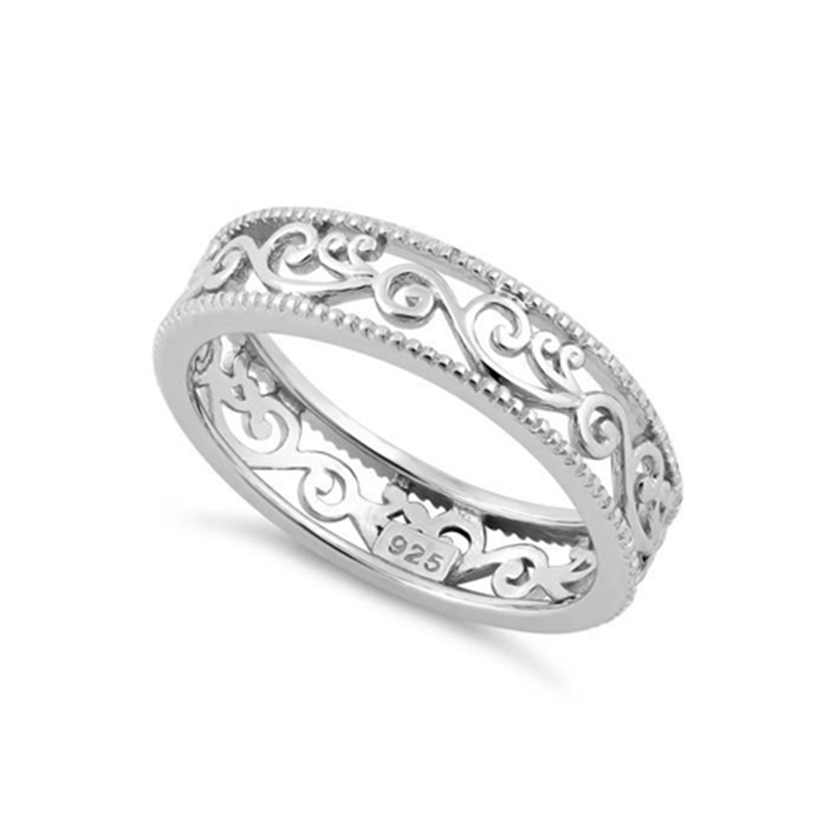 thumbnail video image 2 of 925 Sterling Silver Platinum Plated Floral Band Unique Women Valentines Day Gifts Ring, 2 of 5