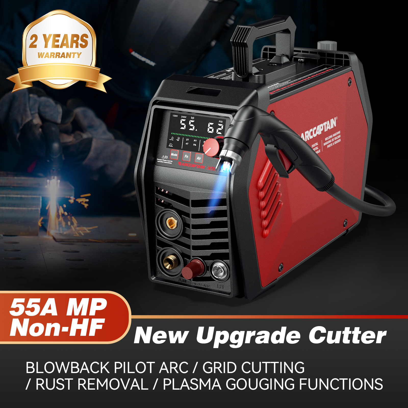 thumbnail video image 2 of ARCCAPTAIN iControl CUT55 MP Plasma Cutter, 55Amp Blowback Arc, Non-HF, APP Control, 120V/240V, LED Display, Metal Cutting, Rust Removal, Plasma Gouging, 2 of 9