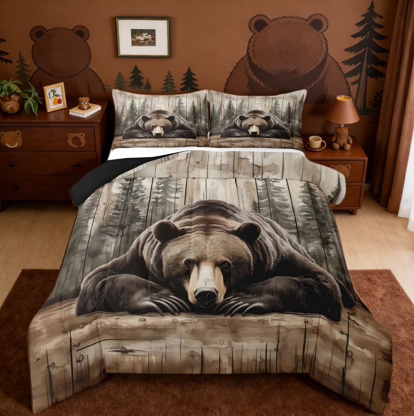 thumbnail video image 2 of Manfei Wildlife Grizzly Bear Full Size Comforter Sets,Hunting Wild Animal Rustic Farmhouse Cabin Bedding Sets For Boys Reversible 3-Piece, 2 of 10