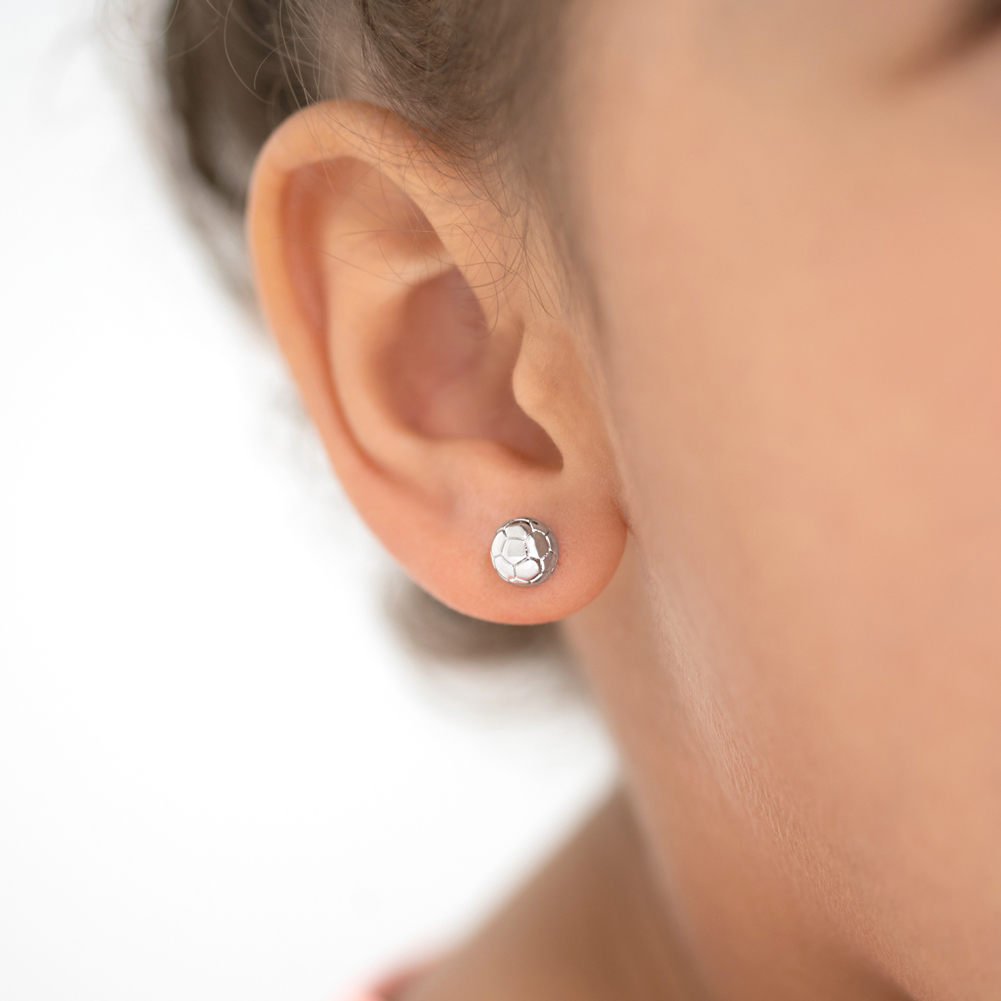 thumbnail video image 2 of Polished Soccer Ball Kids / Children's Earrings Screw Back - Sterling Silver, 2 of 6