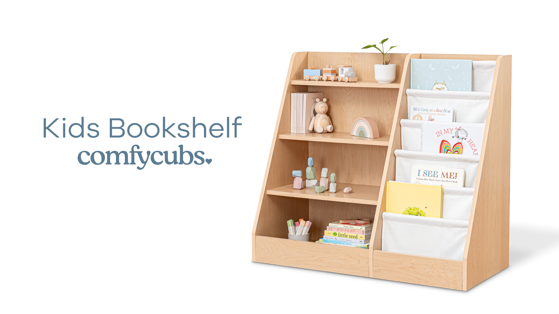thumbnail video image 2 of Comfy Cubs Kids Bookshelf 35.2 x 15.7 x 31.5 in - Montessori Book Shelf Storage Organizer - White, 2 of 7