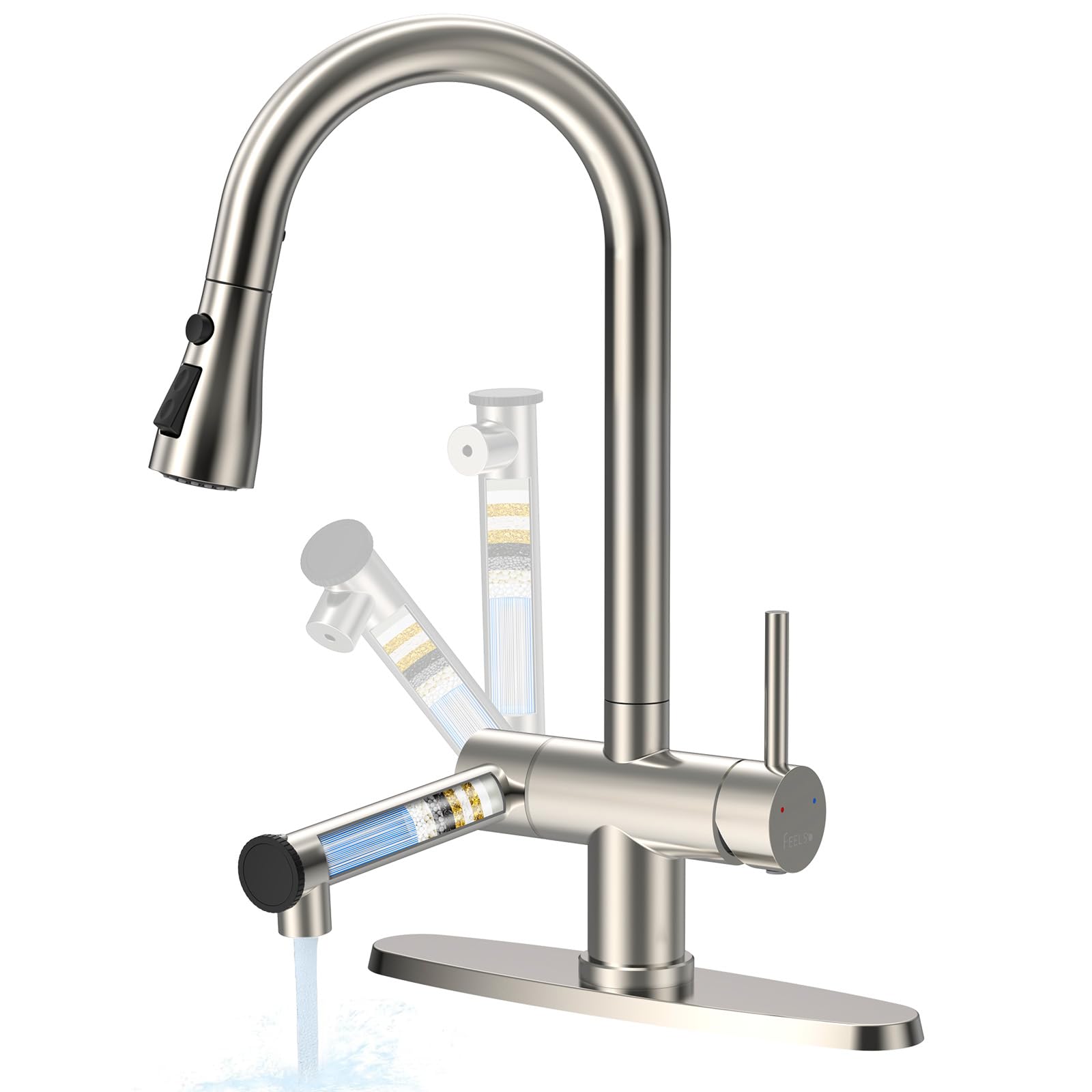 thumbnail video image 2 of FEELSO Pull-Down Kitchen Faucet with Filtration, High Arc, 1 & 3-Hole Install, Farmhouse Sink, 2 of 11