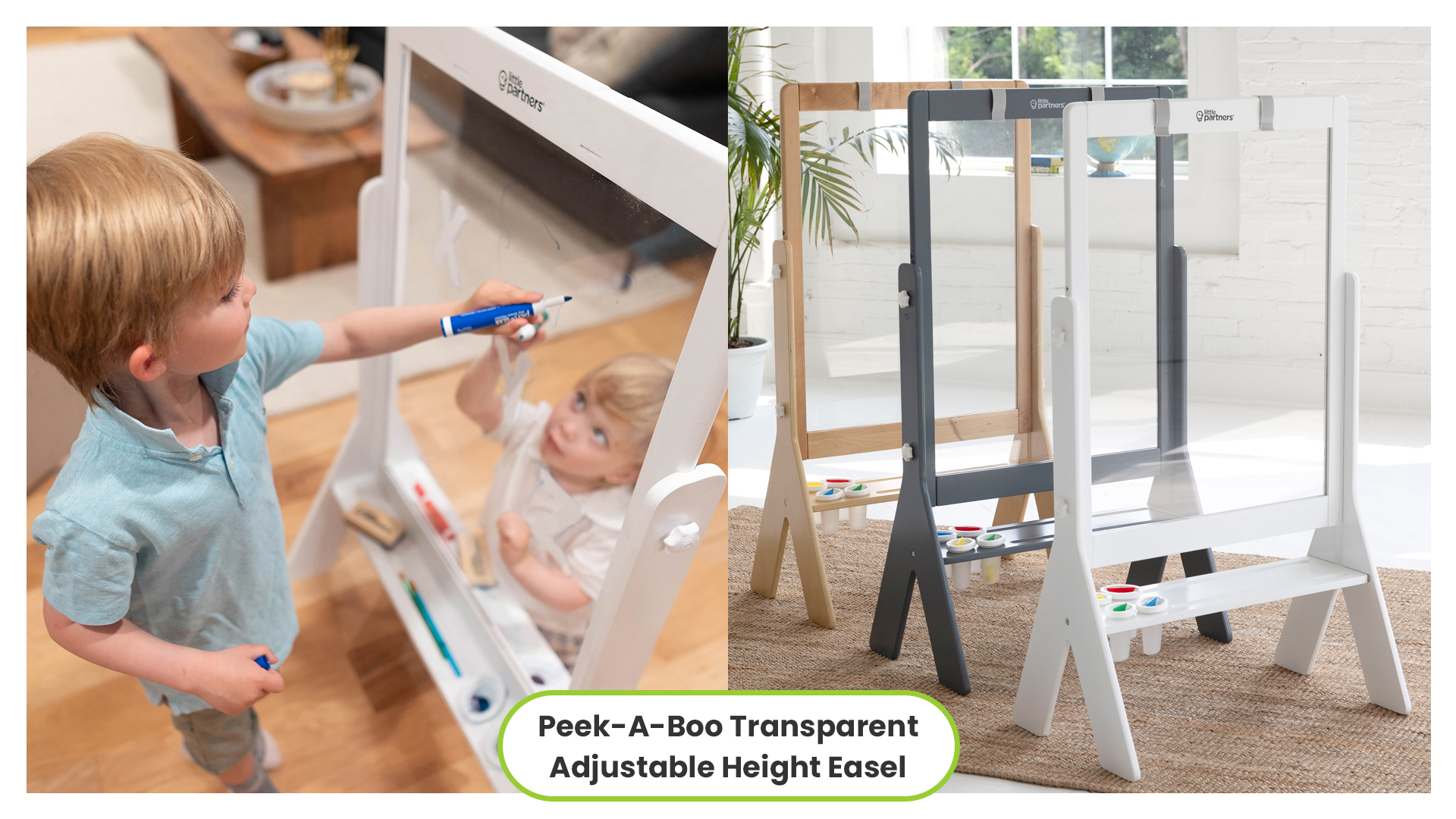 thumbnail video image 2 of Little Partners Peek-A-Boo Art Toddler Easel, Two-Sided Adjustable Height Clear Plexi Glass Paint Station for Kids with Built-in Storage, Eraser, Paint Containers - Natural, 2 of 9