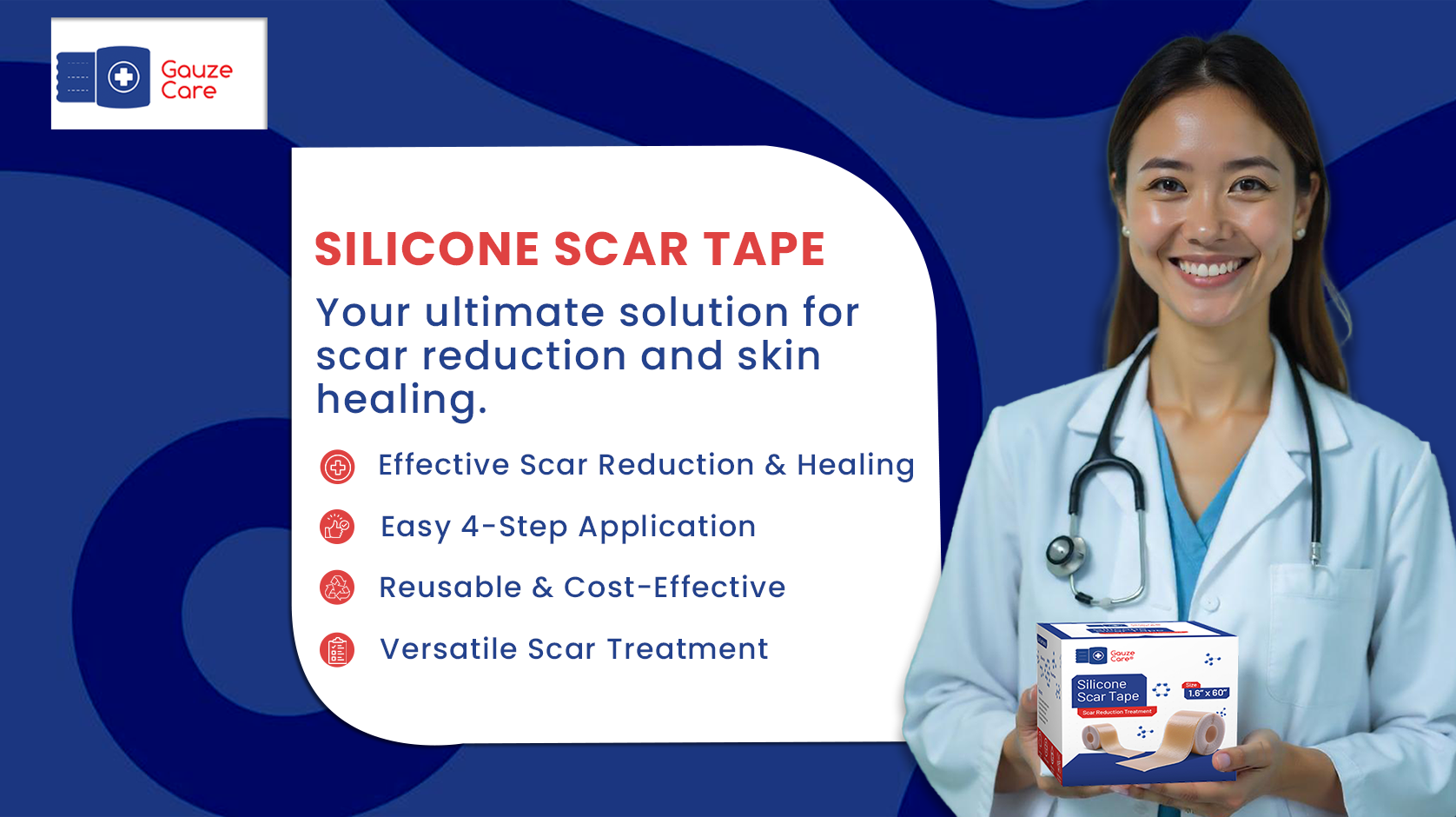 thumbnail video image 2 of GauzeCare Silicone Scar Tape, 1.6" x 150" Roll – Medical-Grade Reusable First Aid Tape for Surgery, C-Section, Burns, Keloids, and Acne, 2 of 9